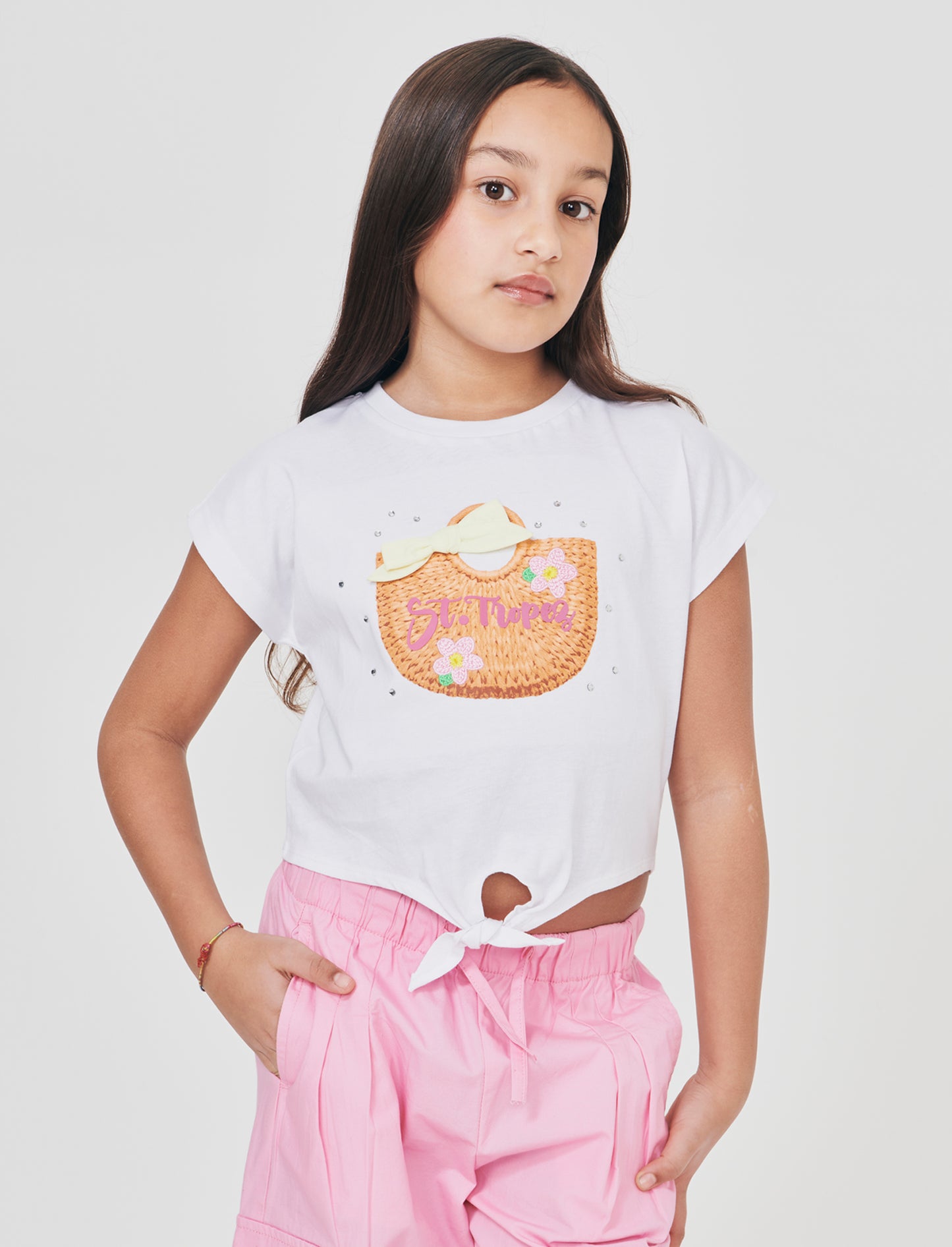 Summer cotton T-shirt with knot and rhinestones - White