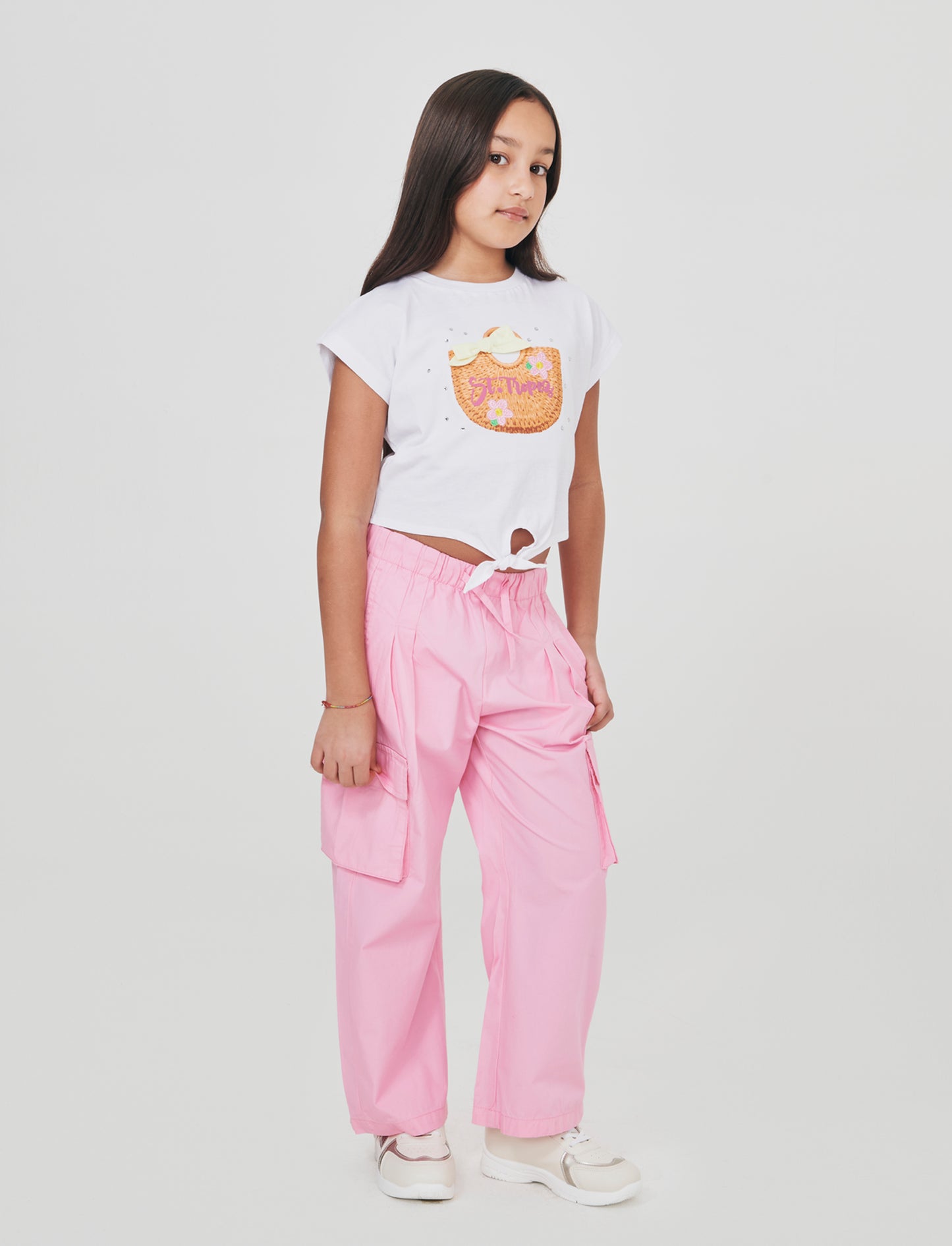Summer cotton T-shirt with knot and rhinestones - White