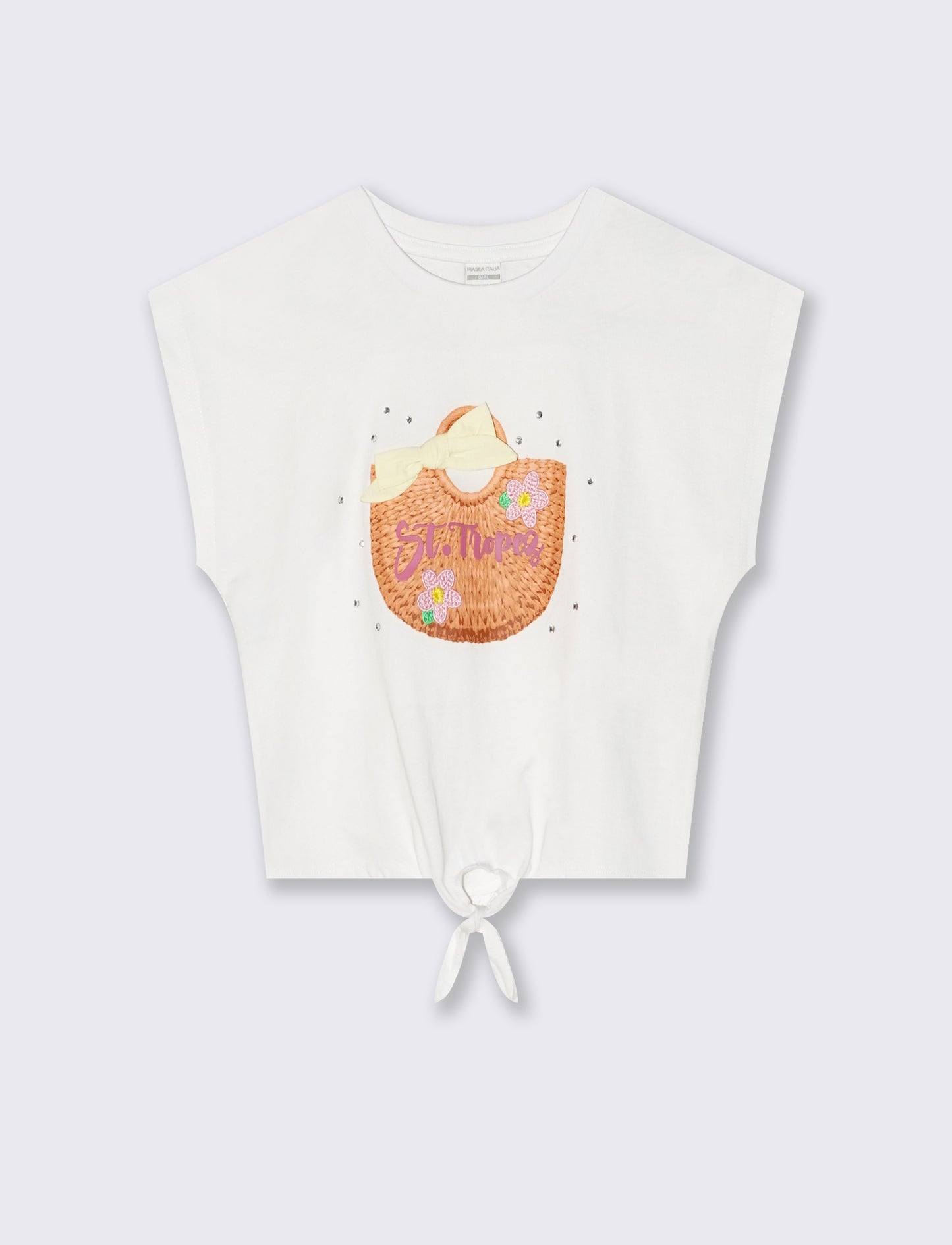 Summer cotton T-shirt with knot and rhinestones - White