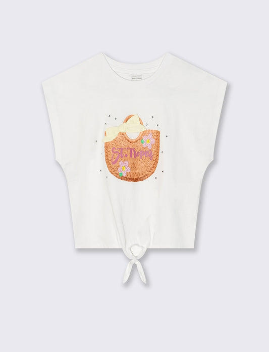Summer cotton T-shirt with knot and rhinestones - White