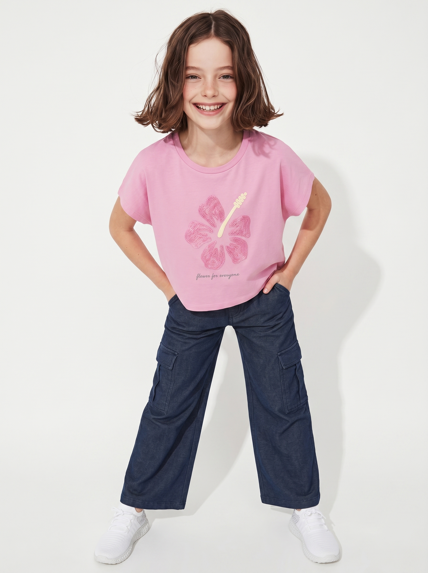 T-Shirt Over in Cotone con Ricamo Fiore - Rosa
