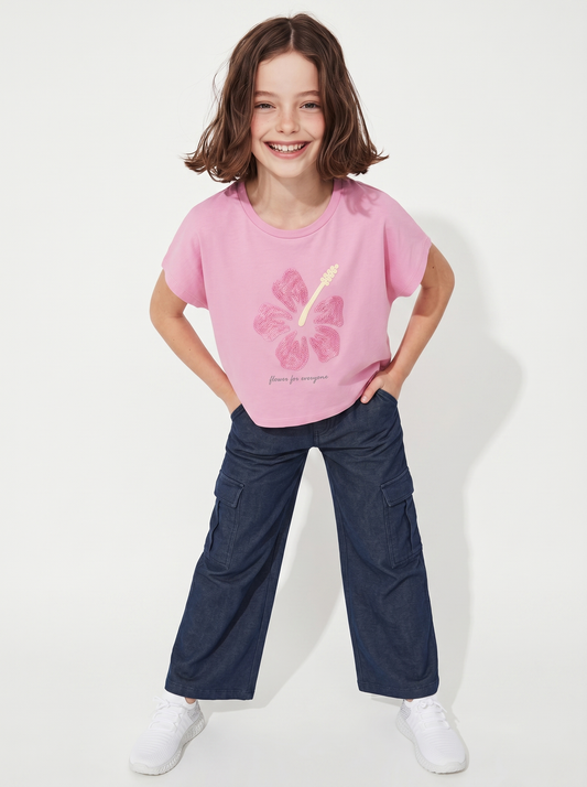 T-Shirt Over in Cotone con Ricamo Fiore - Rosa