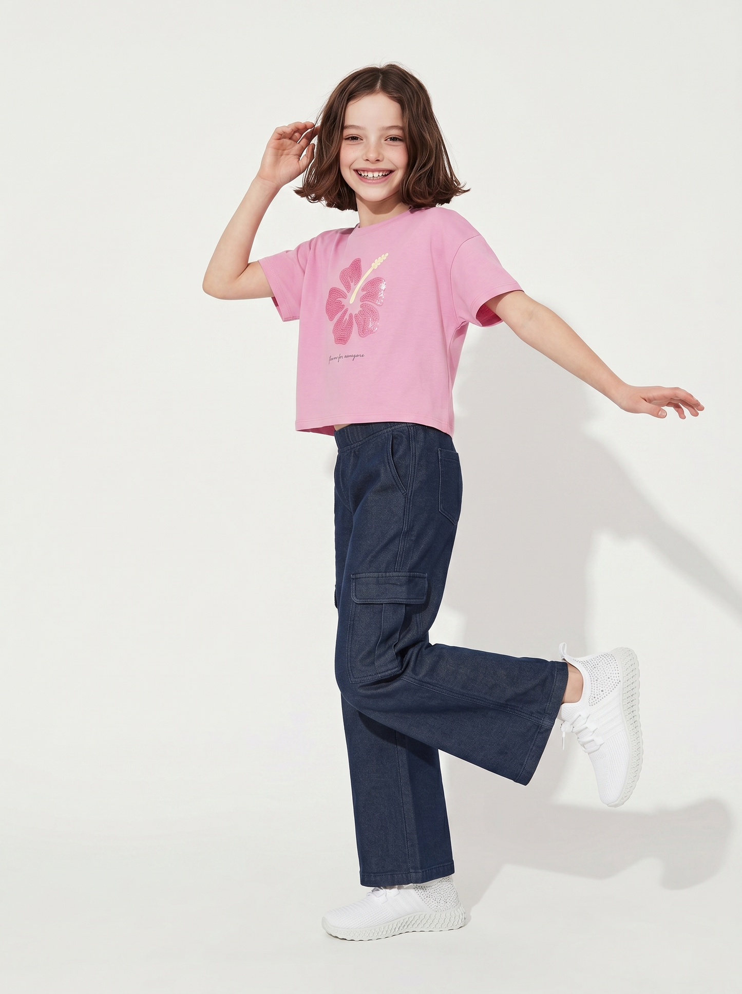 T-Shirt Over in Cotone con Ricamo Fiore - Rosa