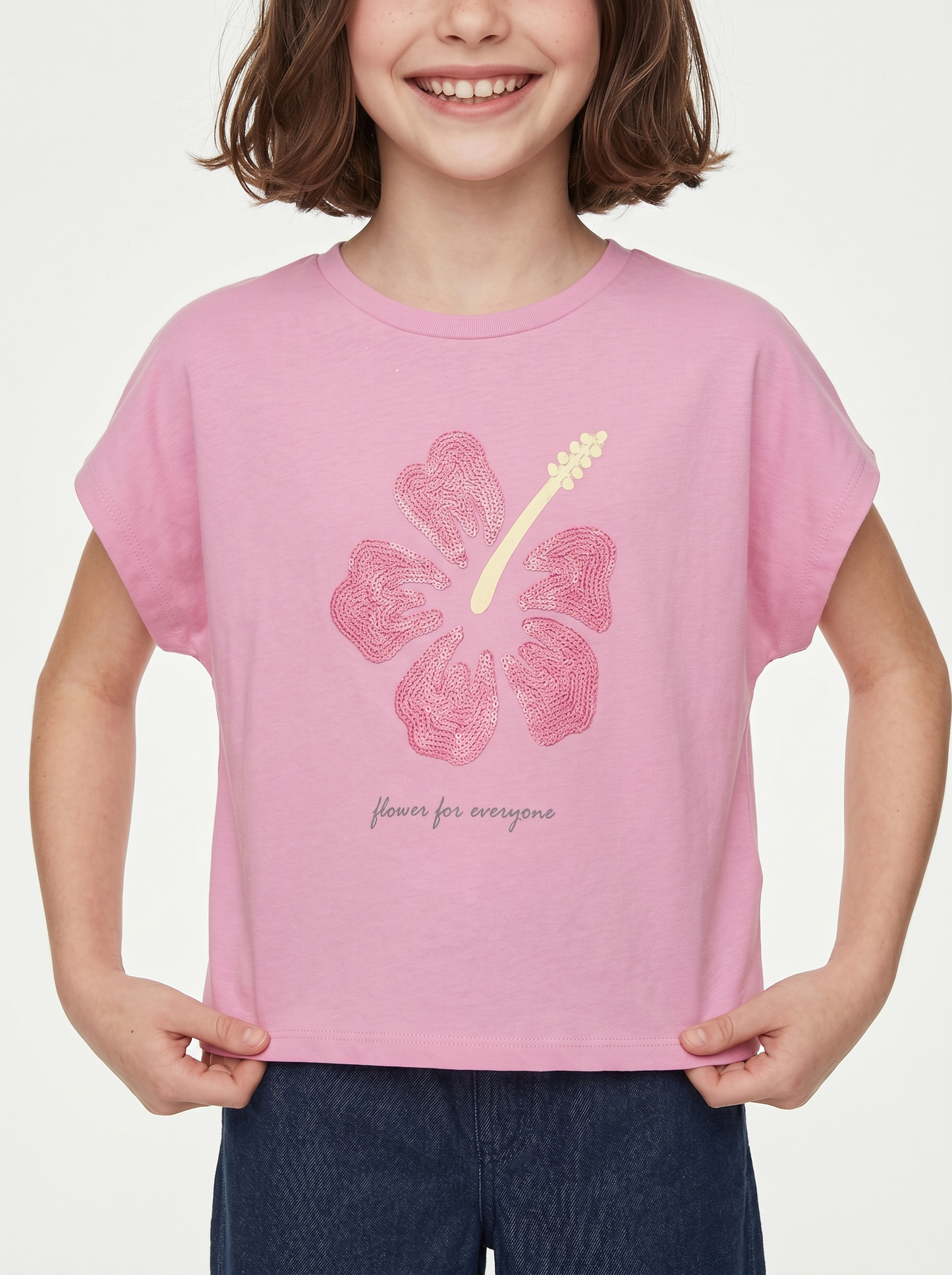 T-Shirt Over in Cotone con Ricamo Fiore - Rosa