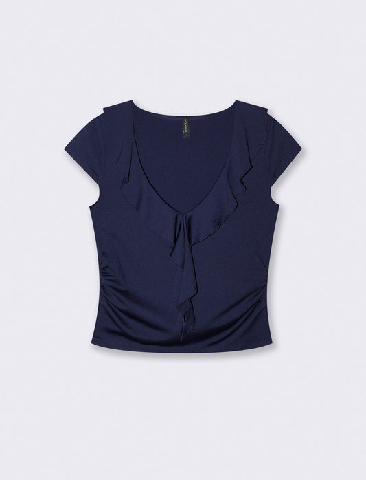T-shirt manica corta con volant e scollo a V - Blu