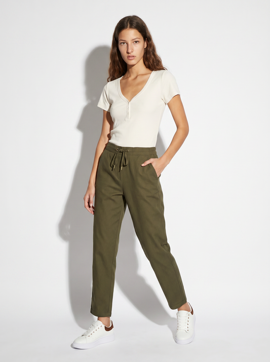 T-Shirt in Cotone con Scollo a V e Bottoni - Bianco latte