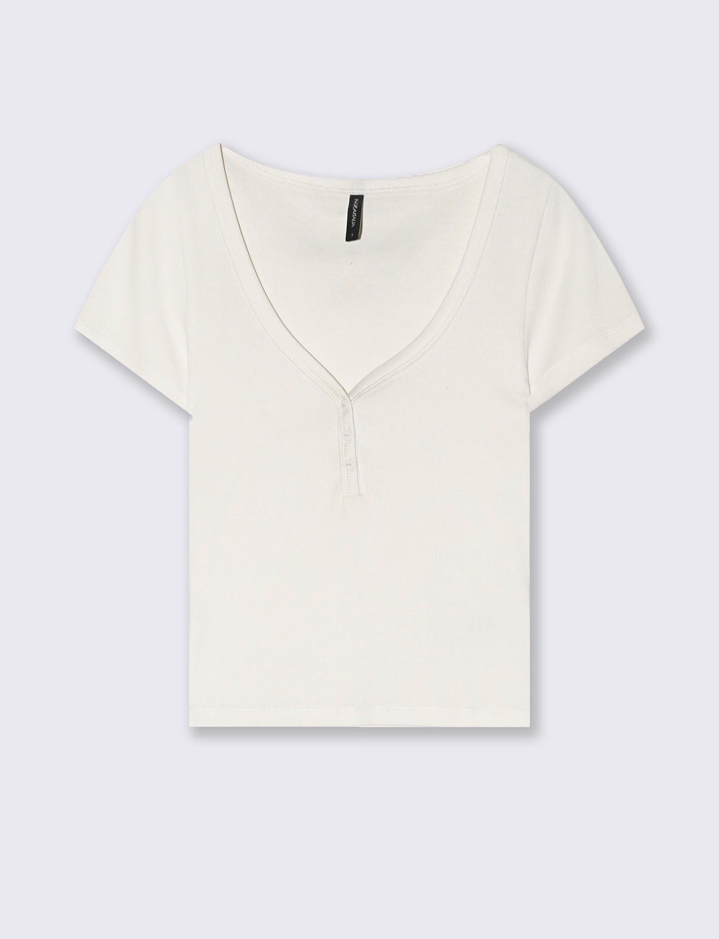 T-Shirt in Cotone con Scollo a V e Bottoni - Bianco latte