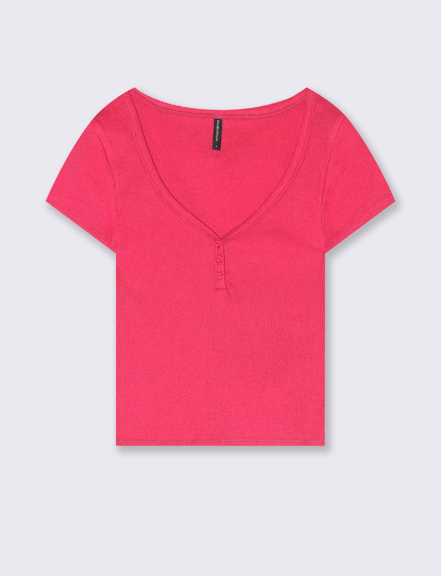 T-Shirt in Cotone con Scollo a V e Bottoni - Fuxia