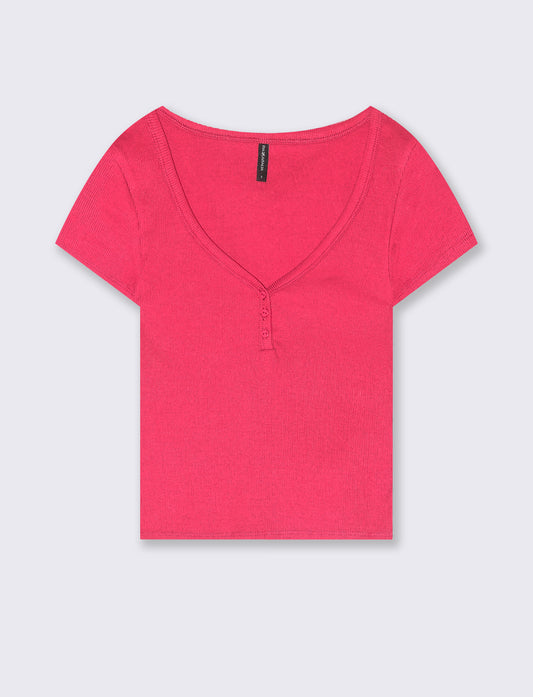 T-Shirt in Cotone con Scollo a V e Bottoni - Fuxia