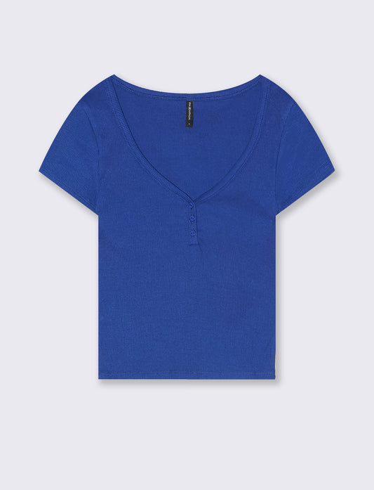 T-Shirt in Cotone con Scollo a V e Bottoni - Royal