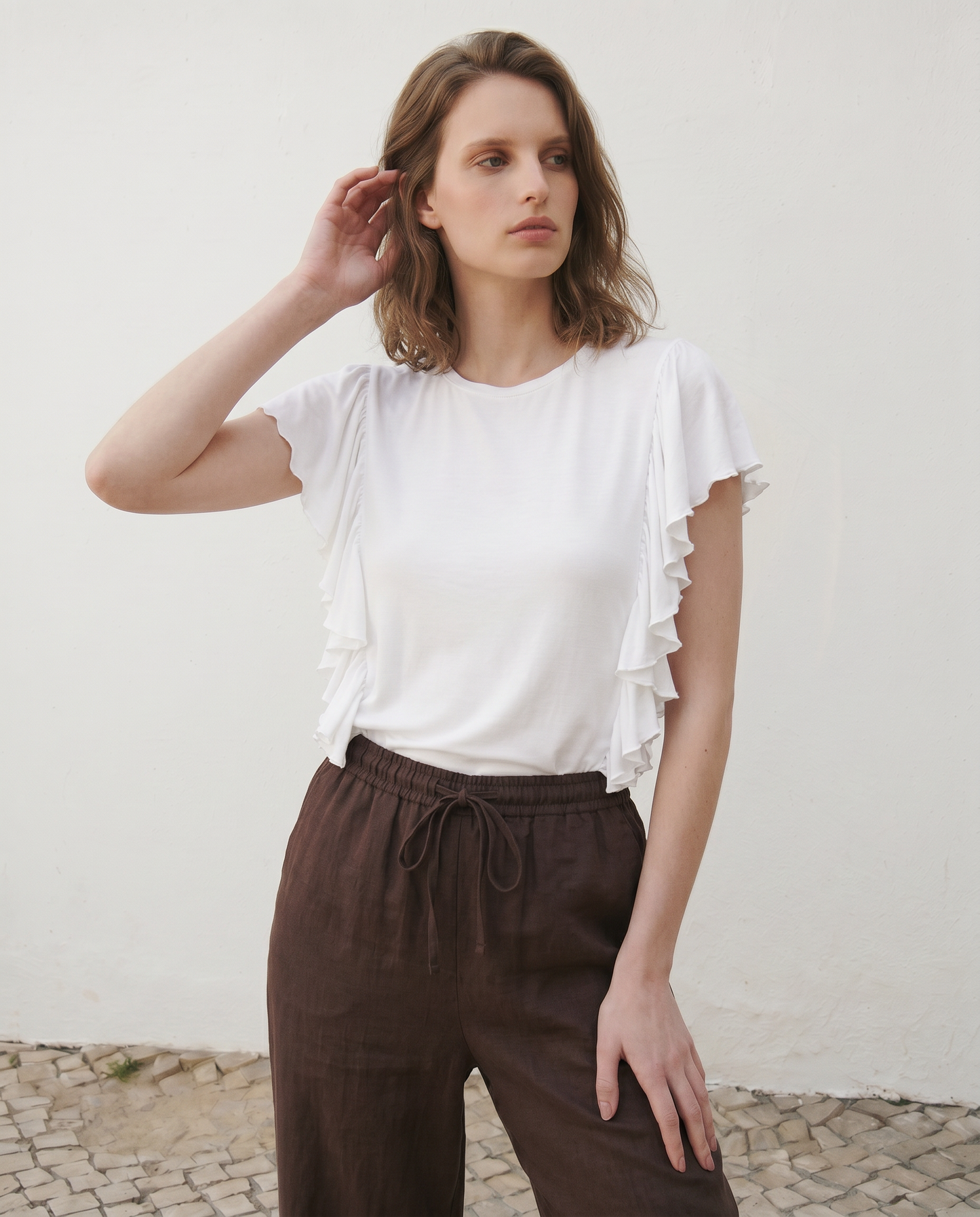 T-Shirt con Volant Laterali - Bianco