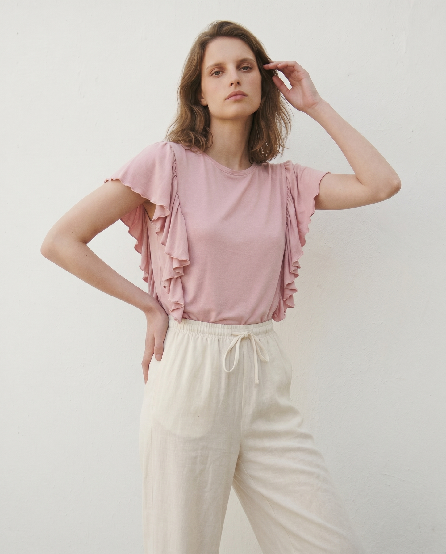 T-Shirt with Side Ruffles - Pink