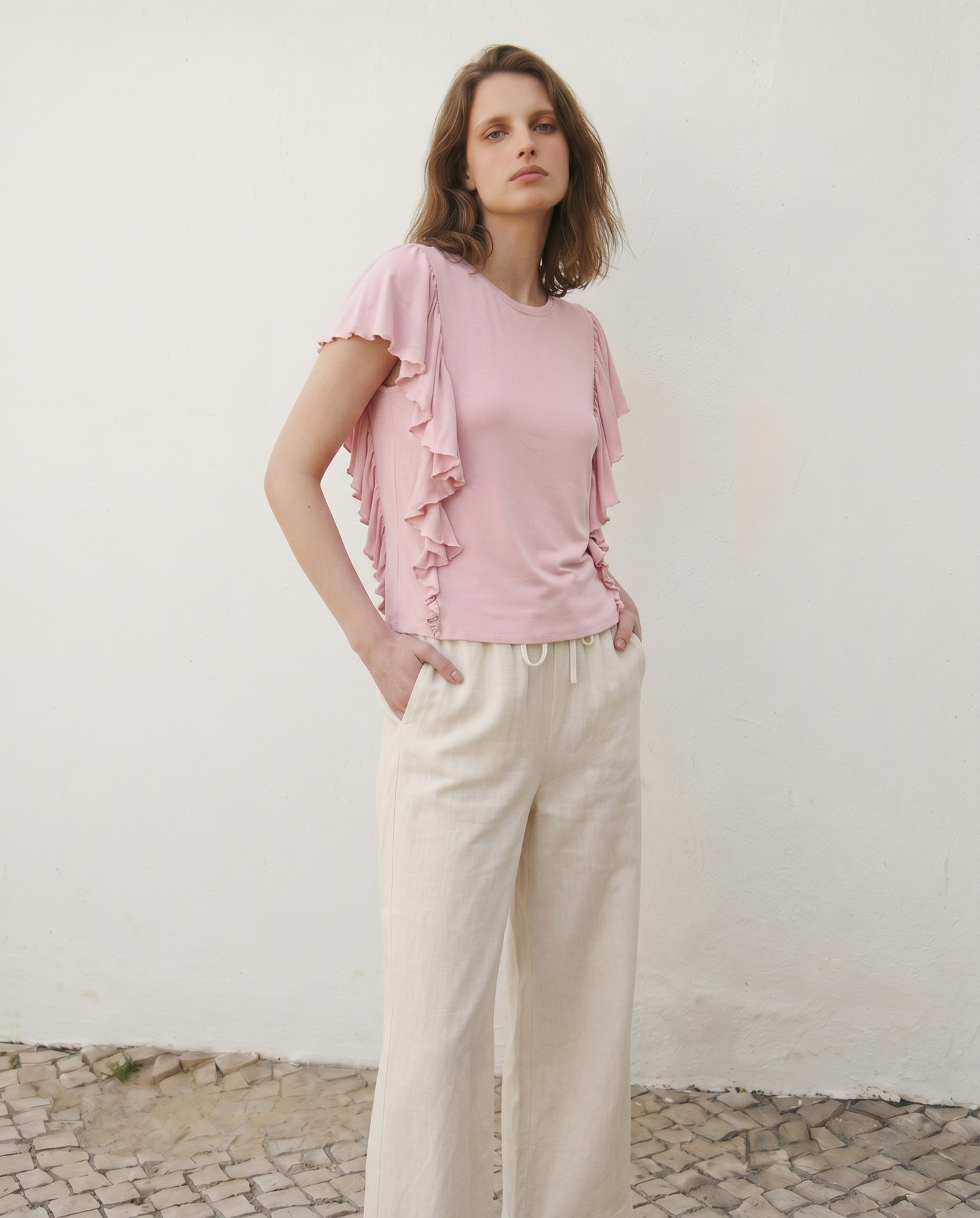T-Shirt with Side Ruffles - Pink