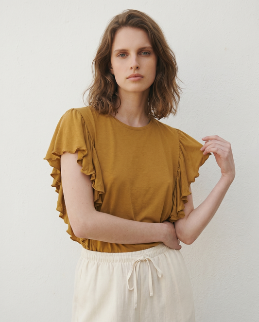 T-Shirt with Side Ruffles - Yellow