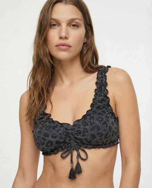 Brassiere mare lurex con bordi arricciati - Nero