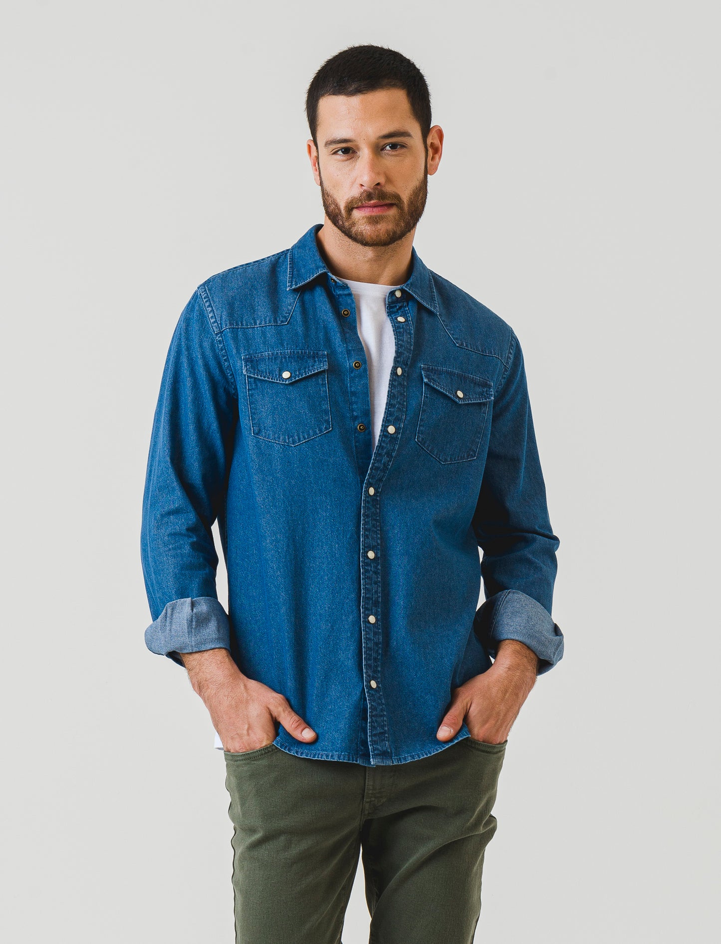 Regular Fit Denim Shirt with Reversed Collar - Blue