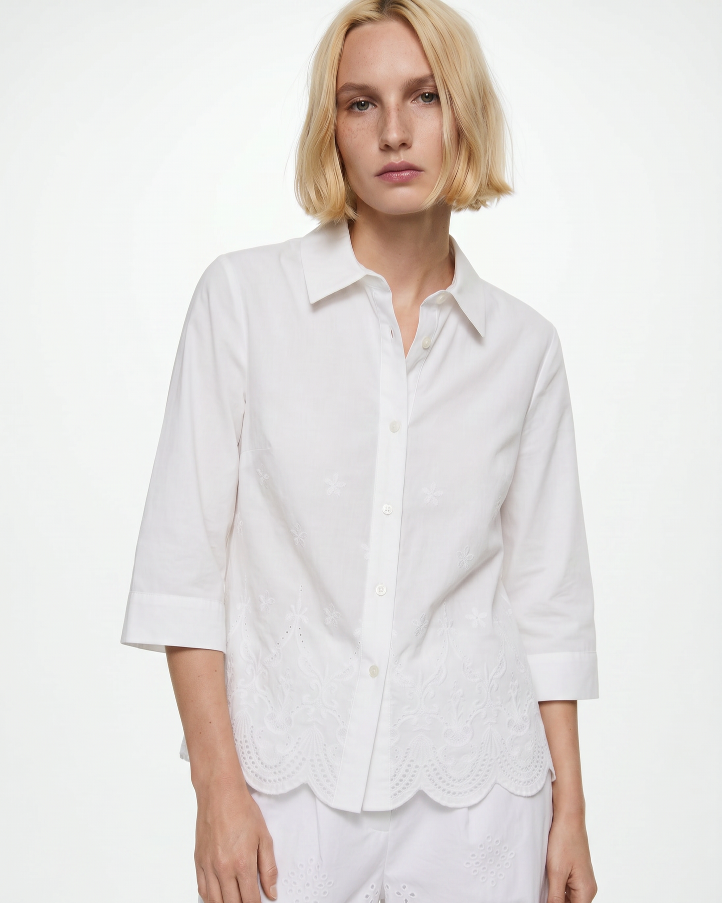 Three-Quarter Sleeve Cotton Shirt - White