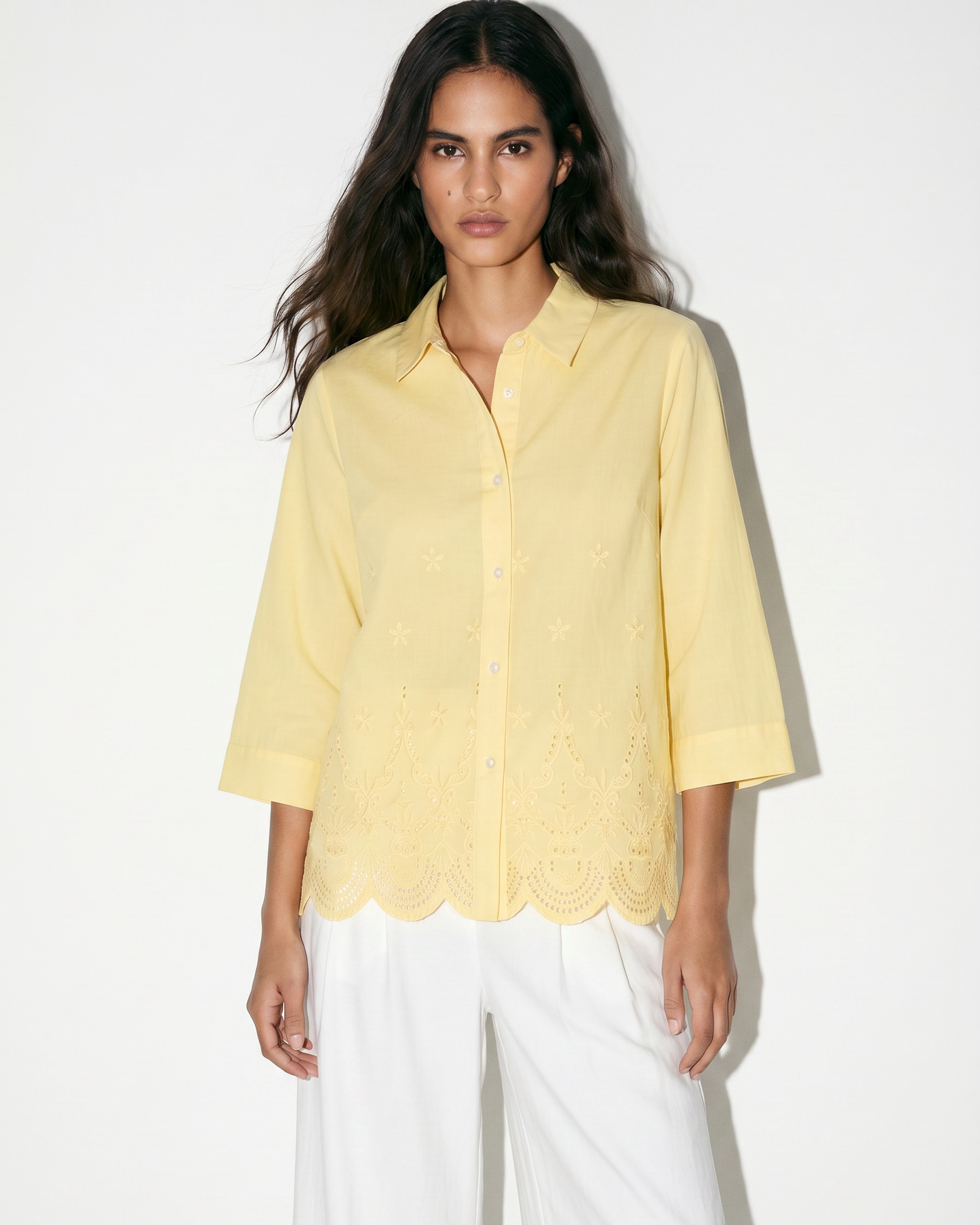 Three-Quarter Sleeve Cotton Shirt - Yellow