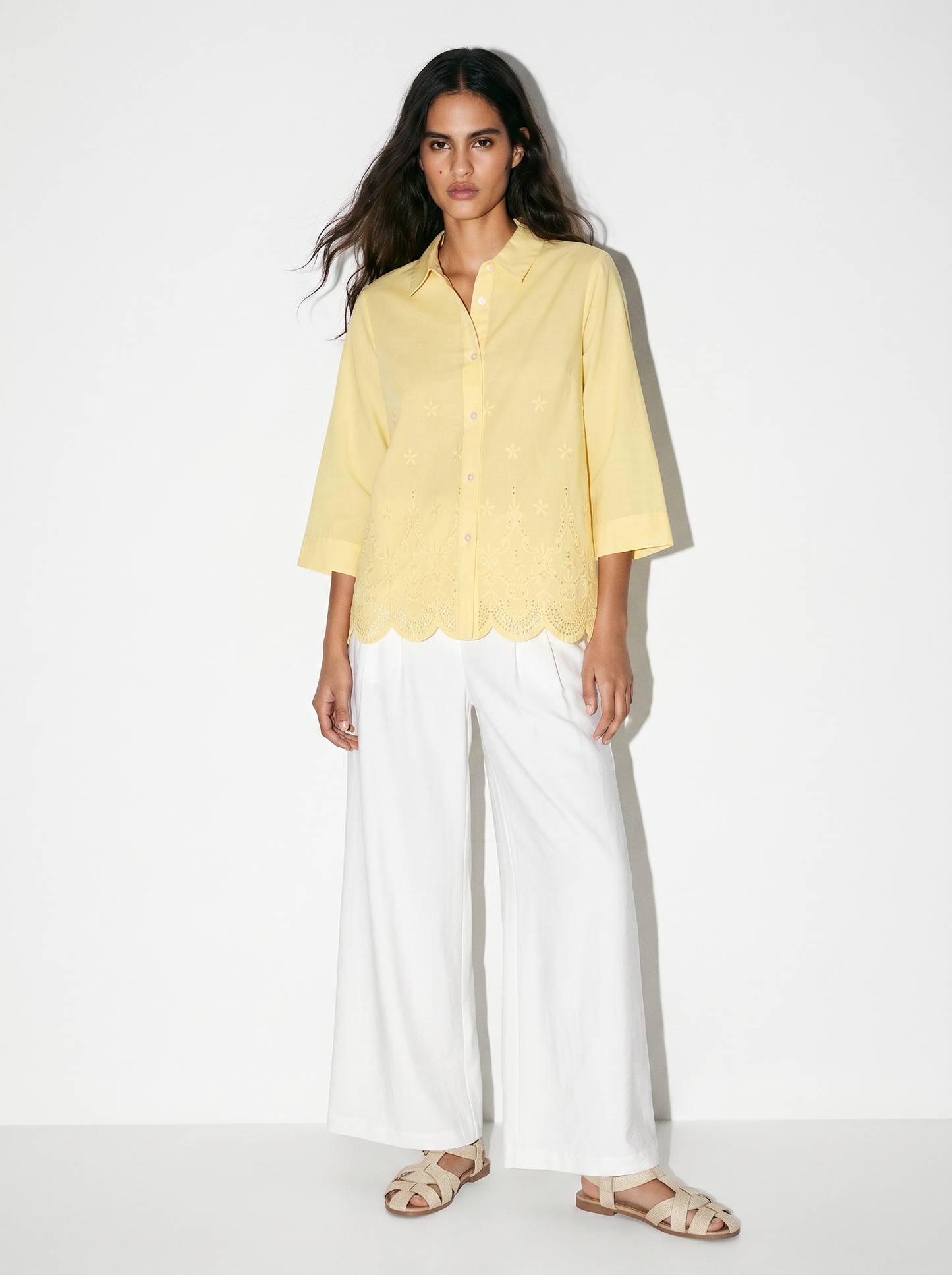 Three-Quarter Sleeve Cotton Shirt - Yellow