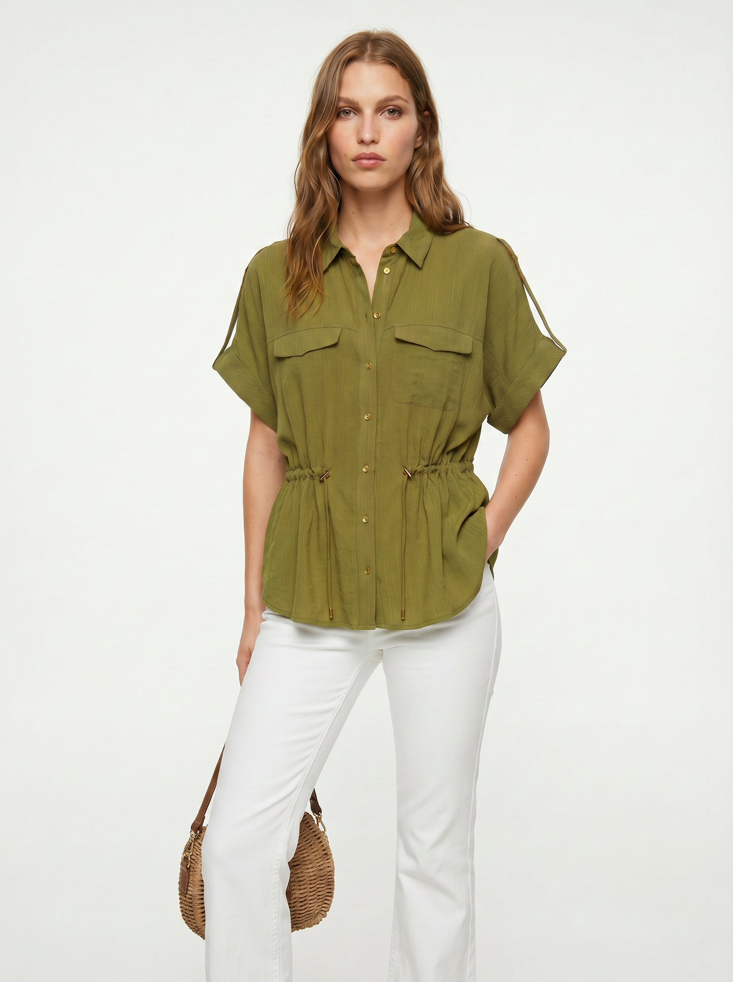 Camicia corta con coulisse e risvolto - Verde abete