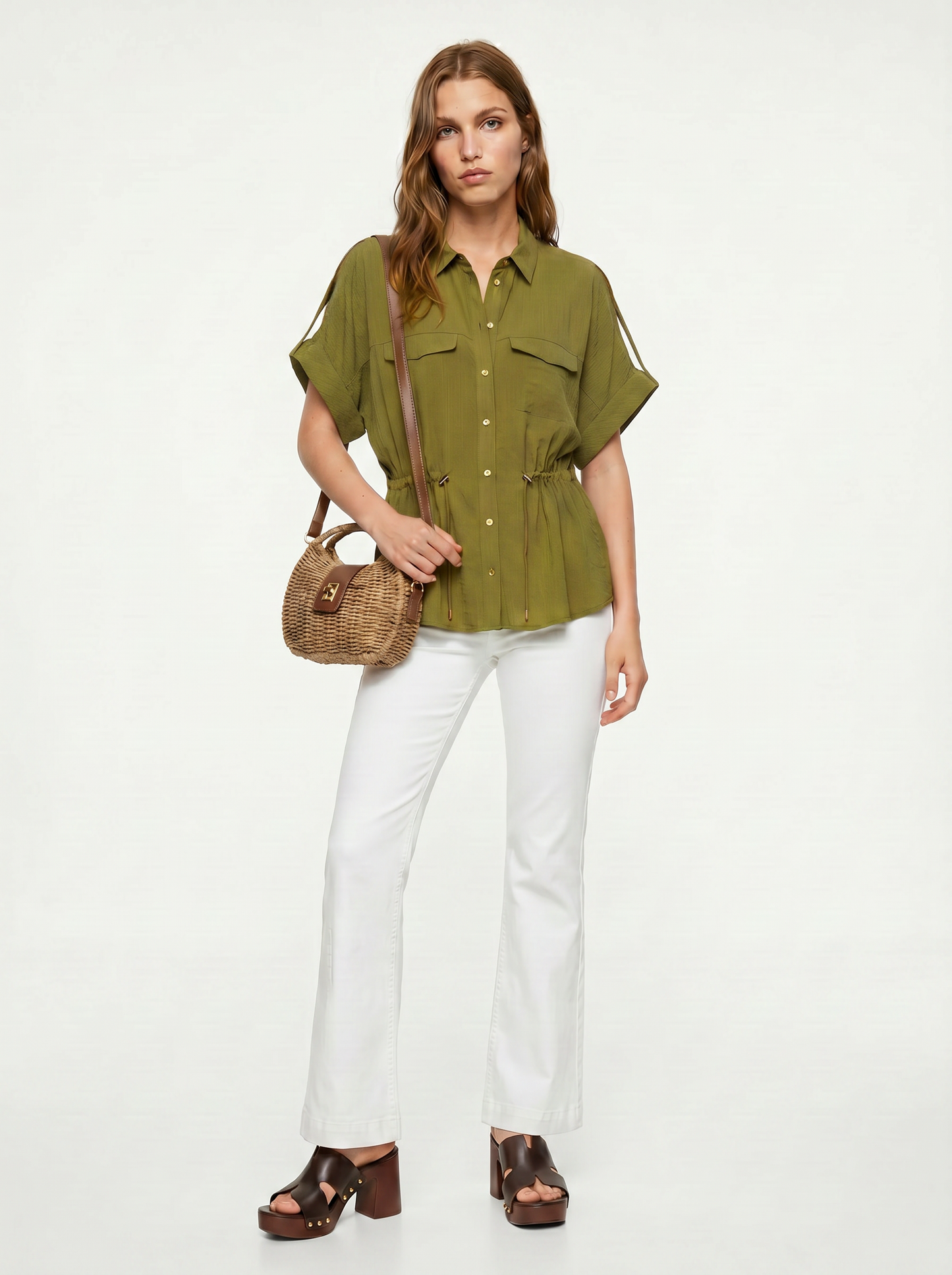 Camicia corta con coulisse e risvolto - Verde abete