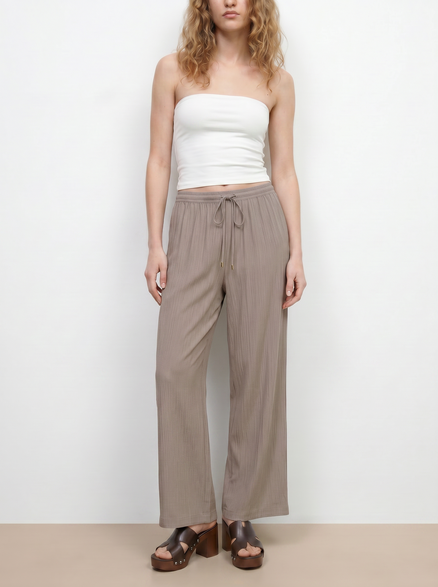 Pantalone Elastico Arricciato in Vita - Beige
