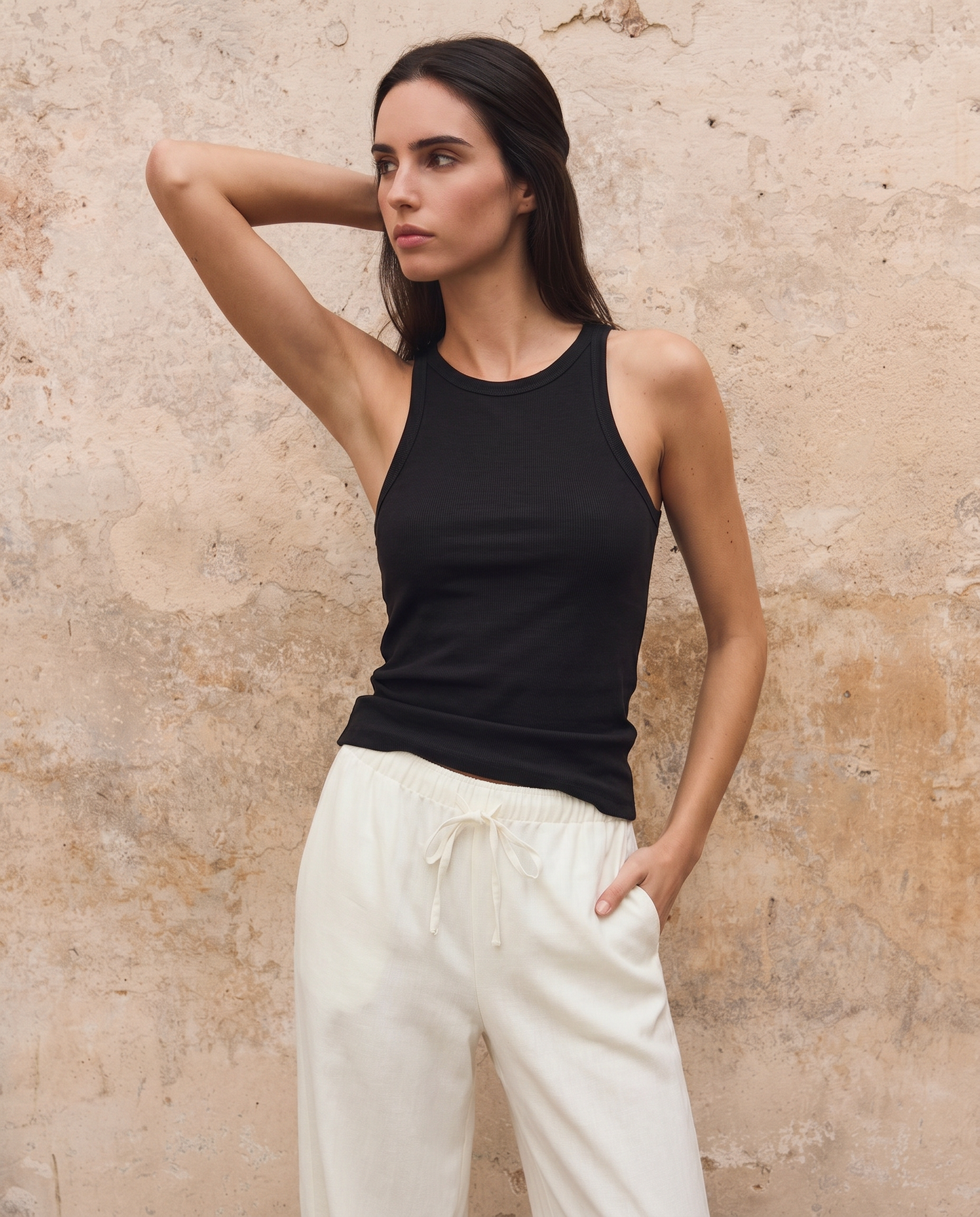 Top Basico a Costine con Bretelle Slim - Nero
