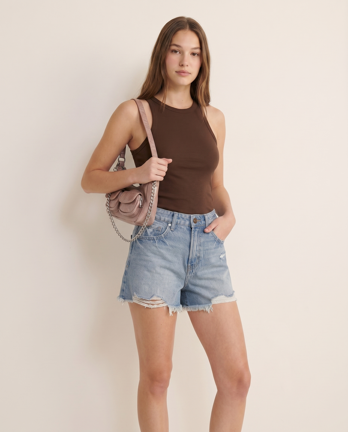 Top Basico a Costine con Bretelle Slim - Marrone cioccolato