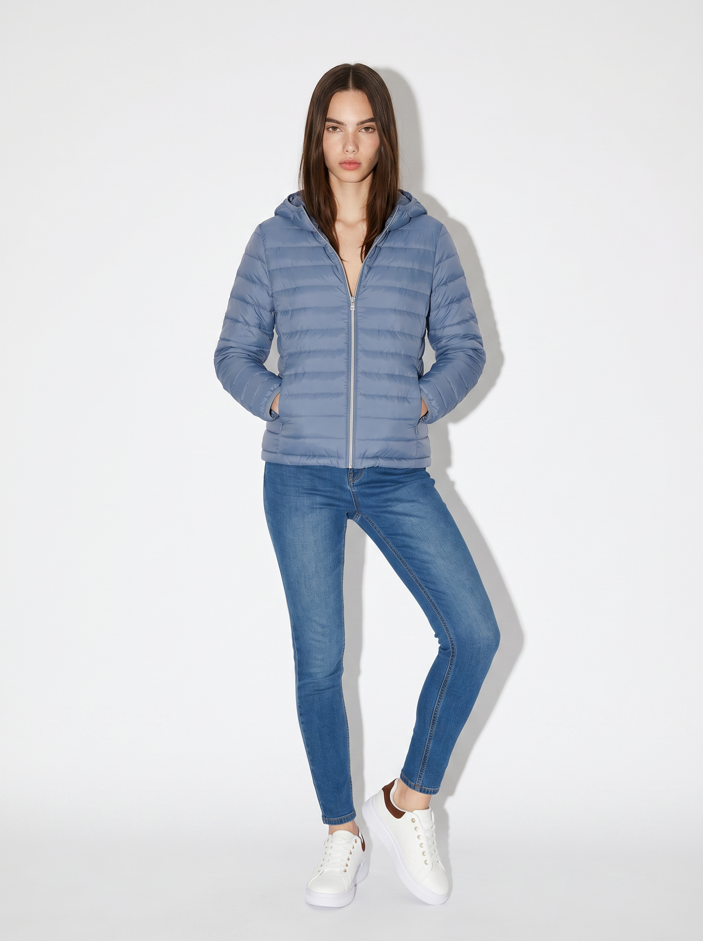 Giubbotto basico con cappuccio e tasche - Denim