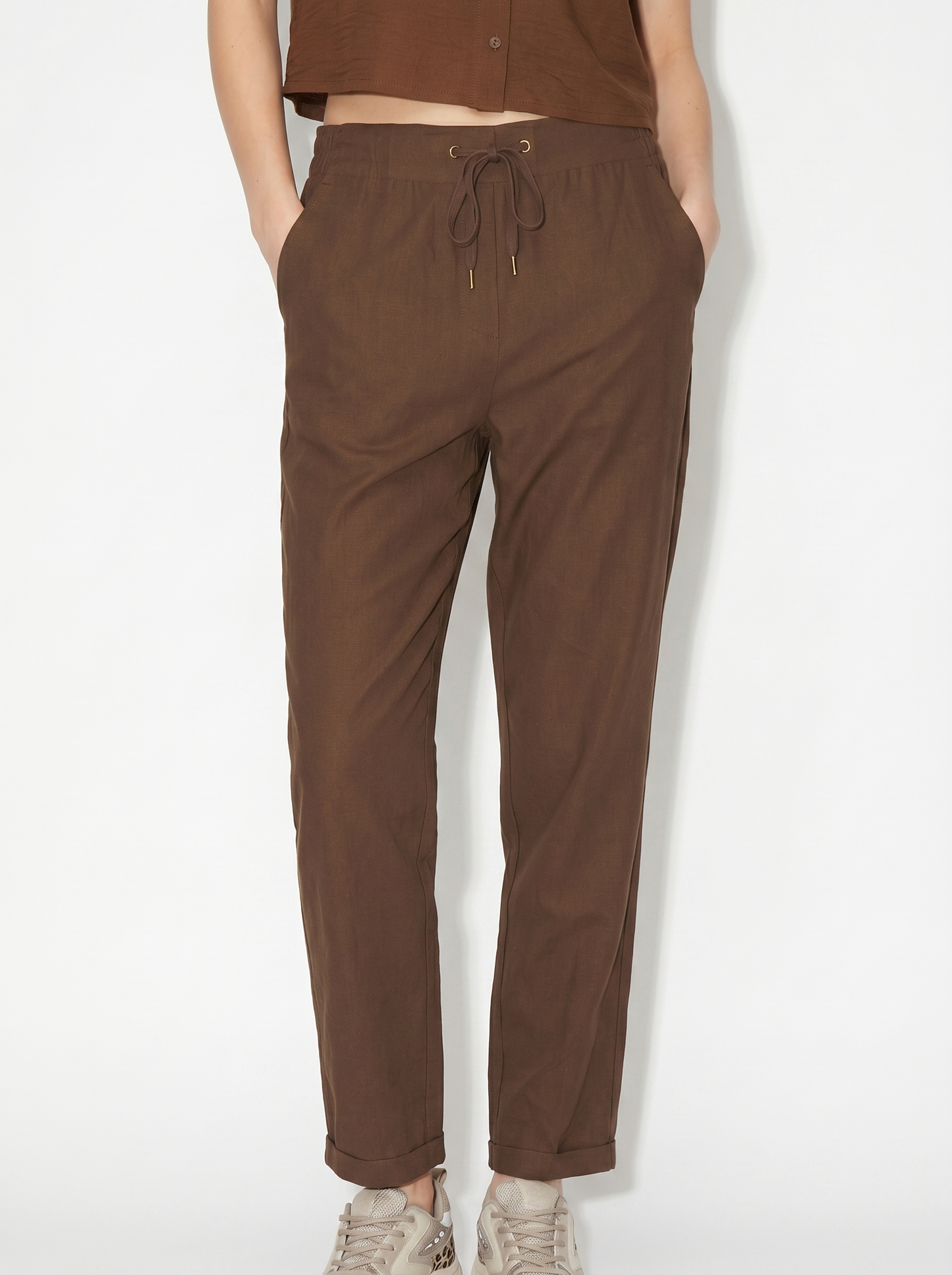 Elastic Waist Pants with Drawstring - Brown