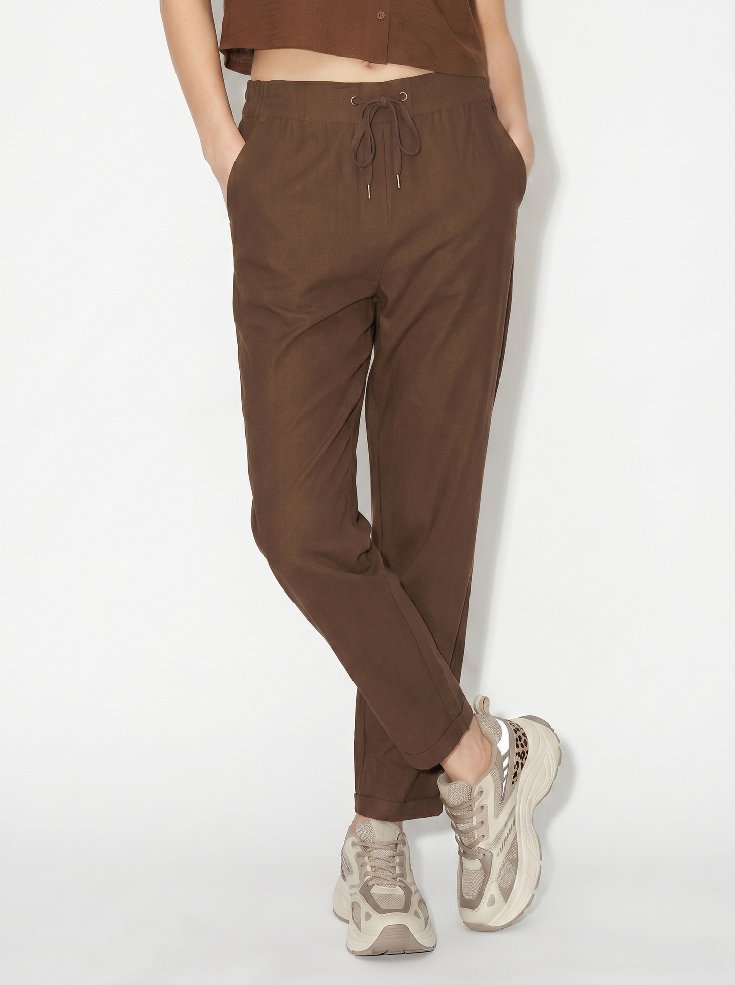 Elastic Waist Pants with Drawstring - Brown