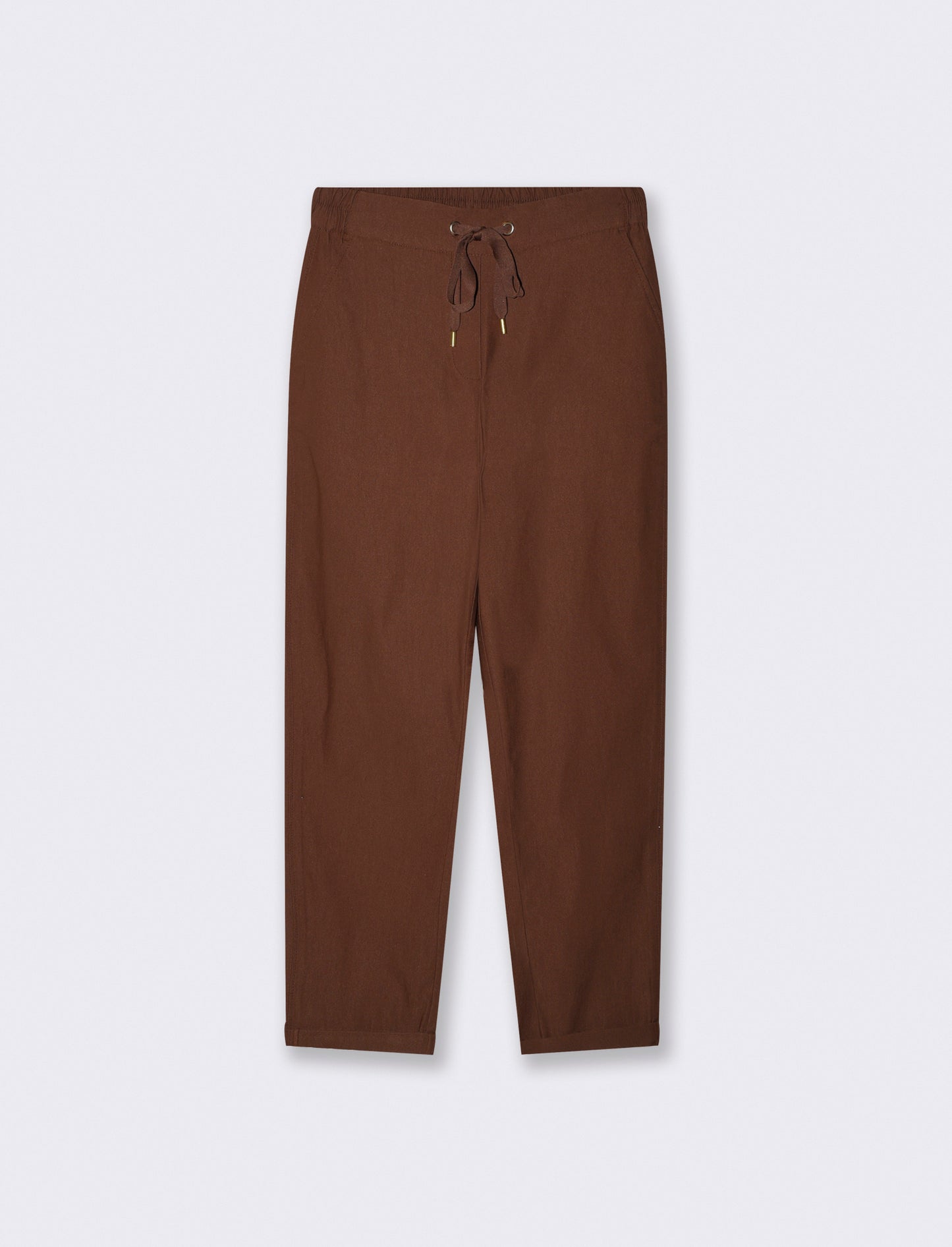 Elastic Waist Pants with Drawstring - Brown