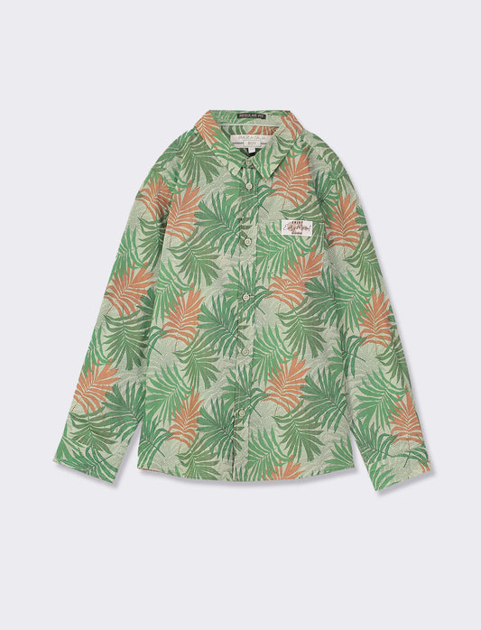 Cotton Voile Shirt with All Over Leaf Print - 2 Color Options - Green