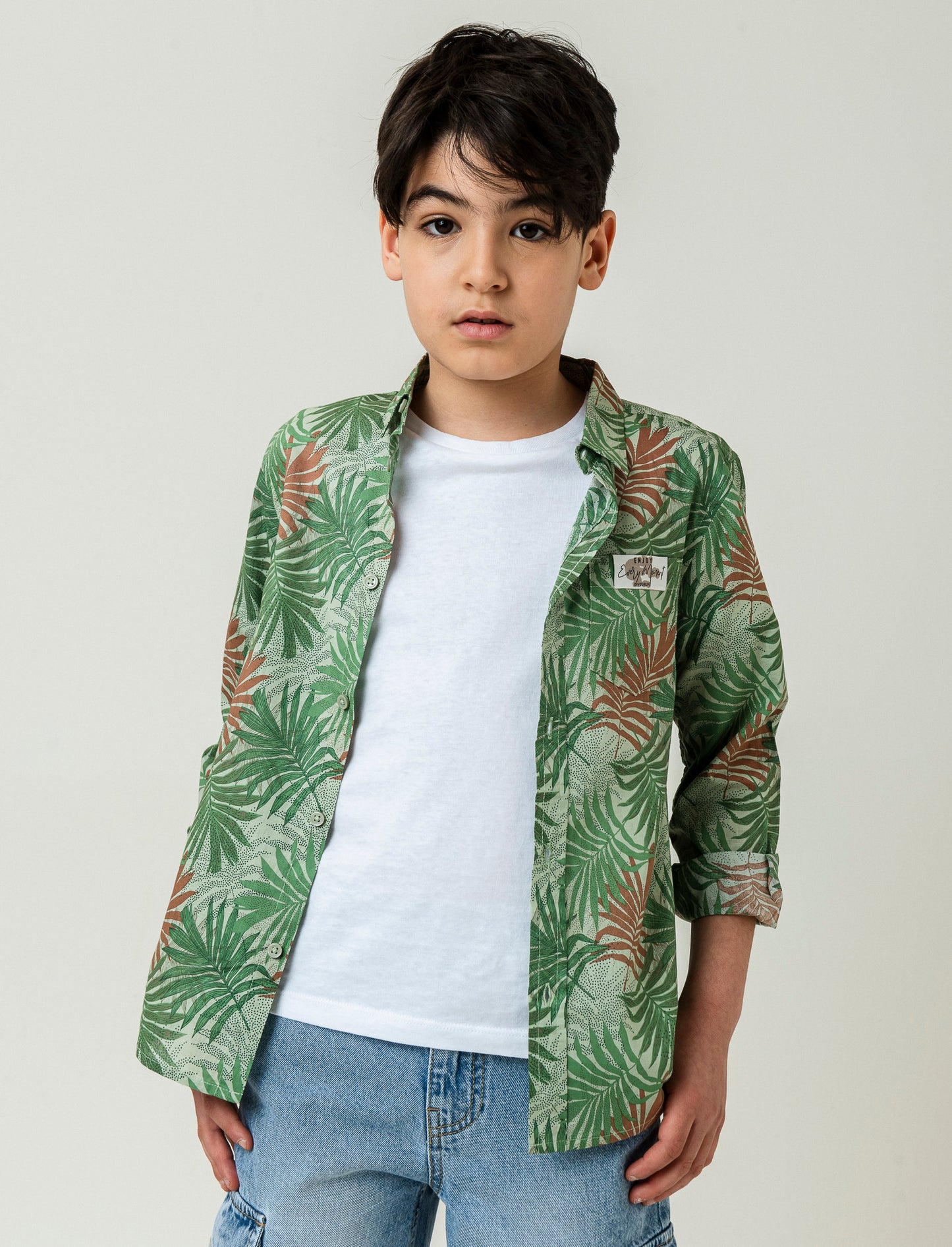 Cotton Voile Shirt with All Over Leaf Print - 2 Color Options - Green