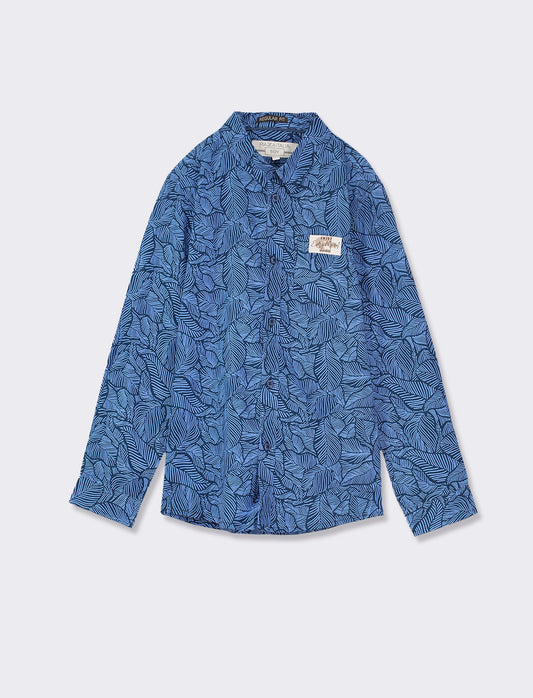 Cotton Voile Shirt with All Over Leaf Print - 2 Color Options - Blue