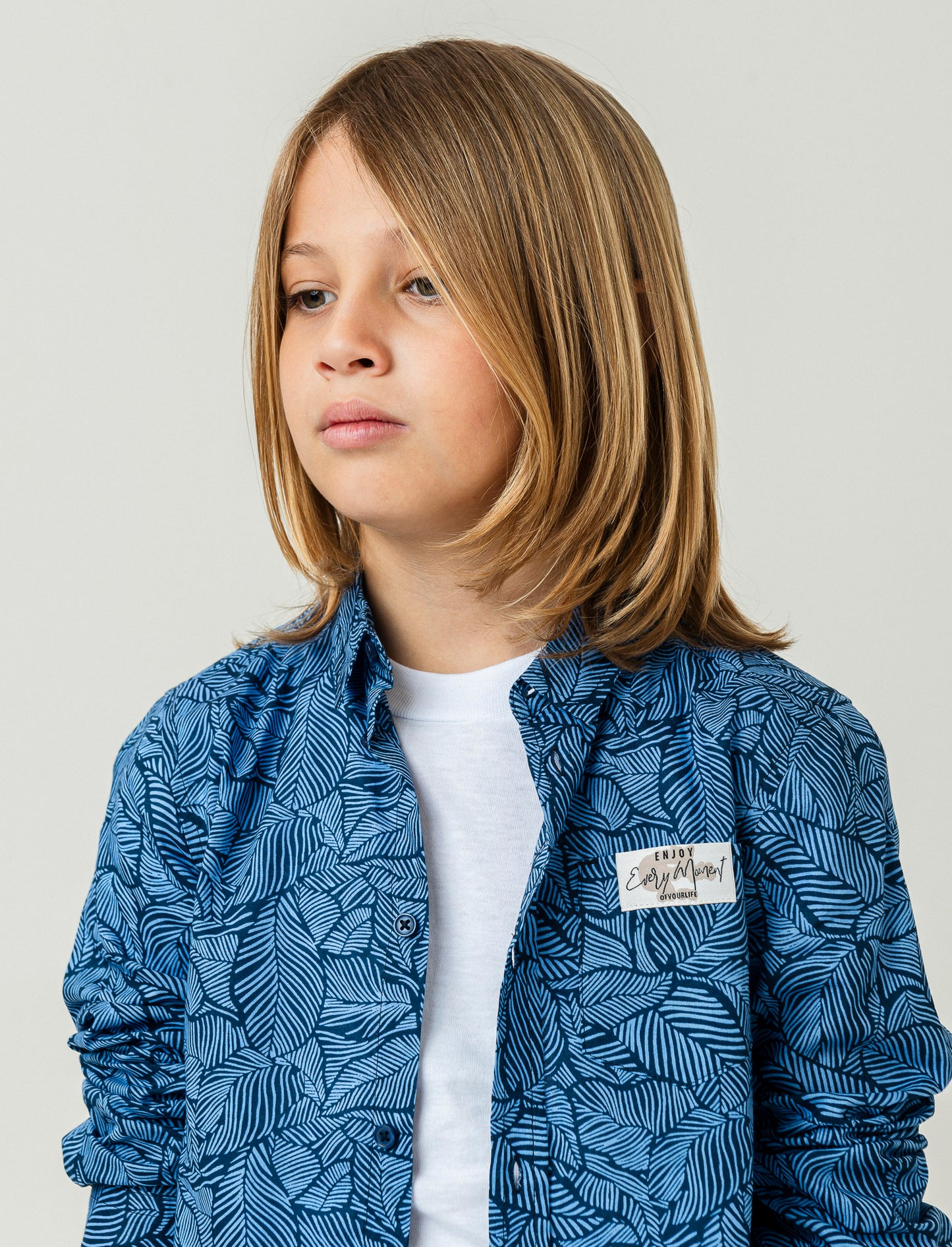 Cotton Voile Shirt with All Over Leaf Print - 2 Color Options - Blue