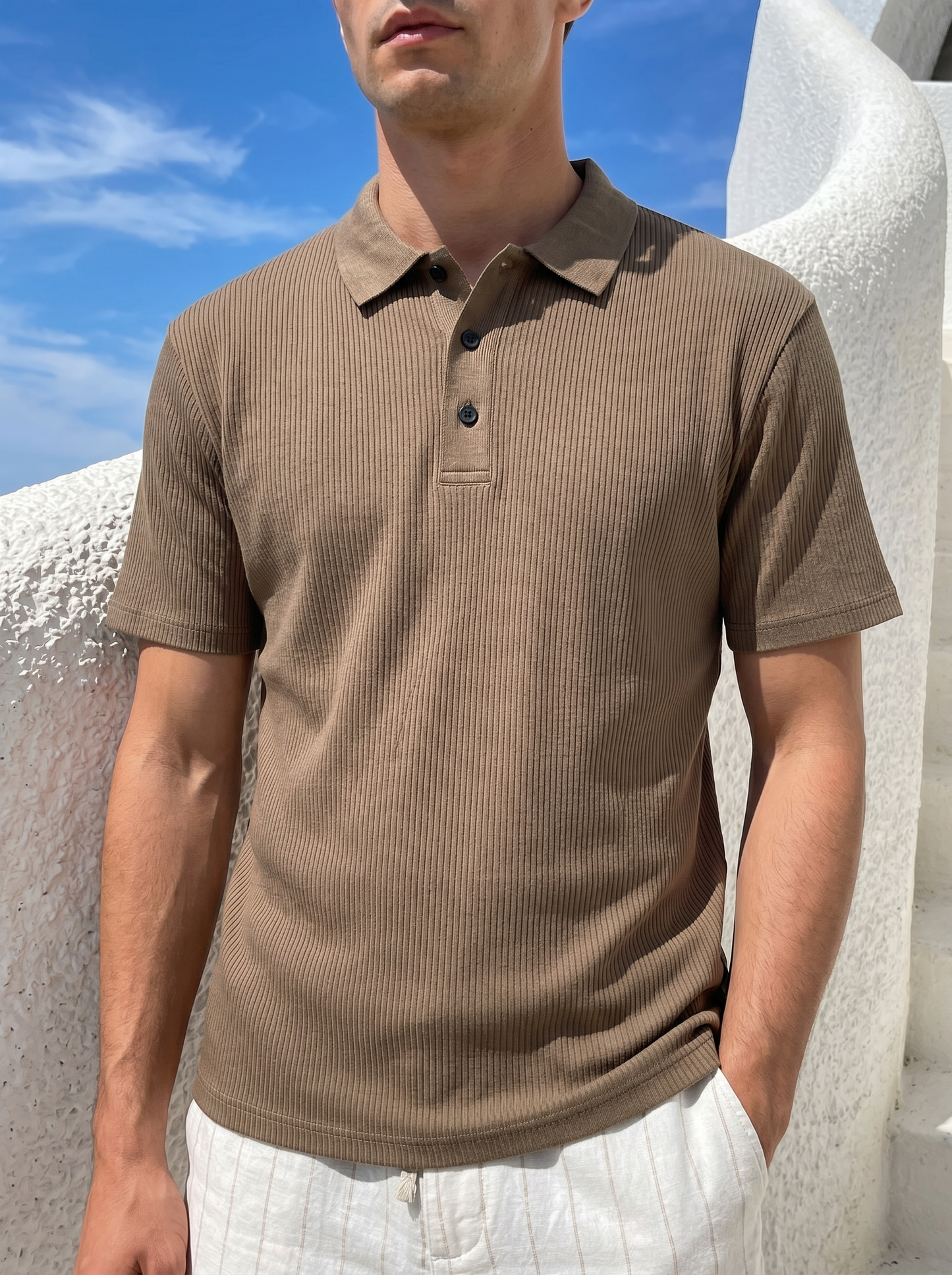 Polo Jacquard Effetto Riga Tono su Tono - Grigio fango