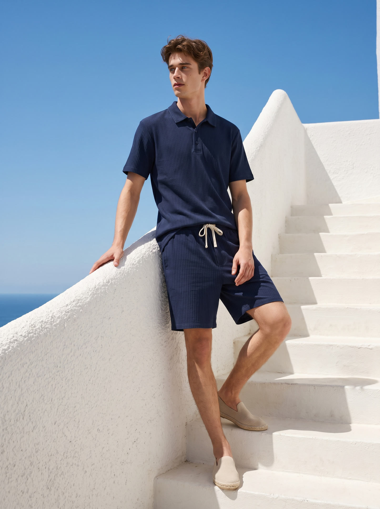Polo Jacquard Effetto Riga Tono su Tono - Blu