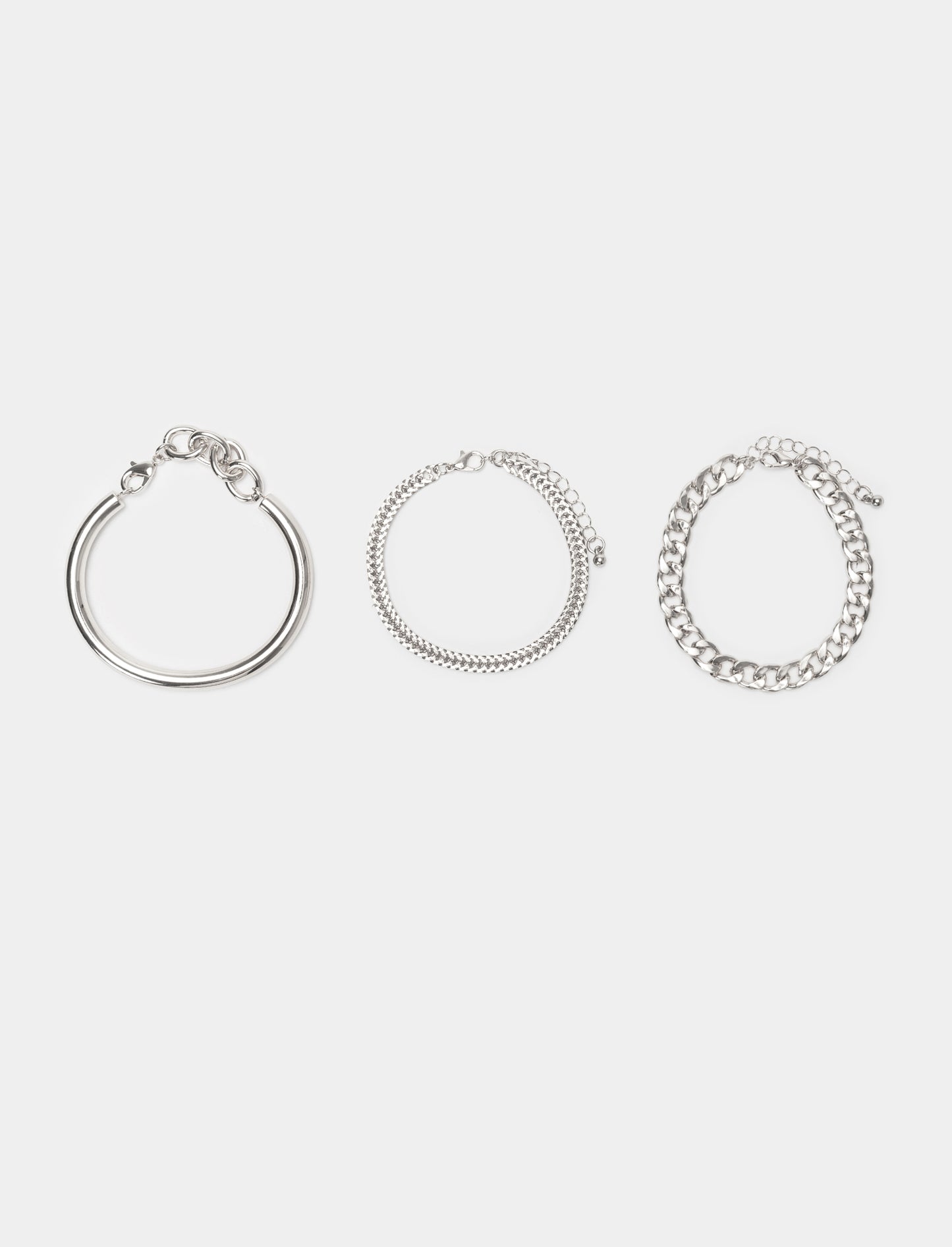 Set of 3 Women's Bracelets: Bangle and Chains - Silver