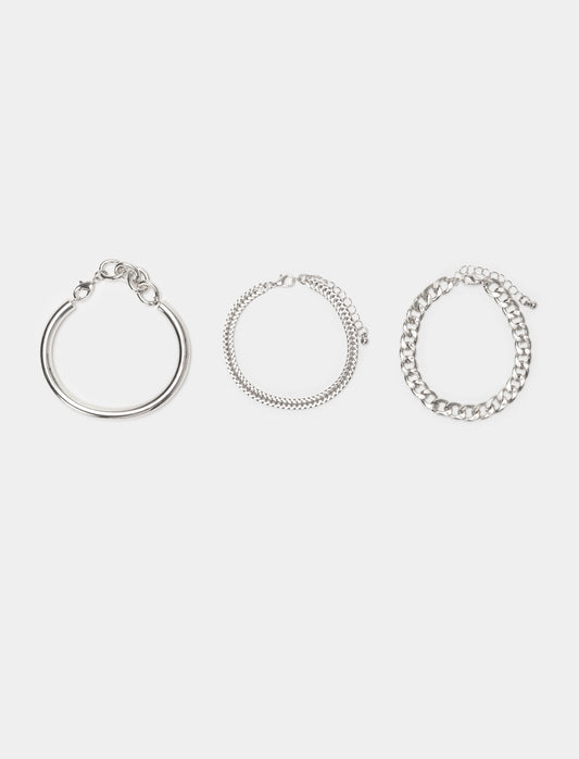 Set of 3 Women's Bracelets: Bangle and Chains - Silver