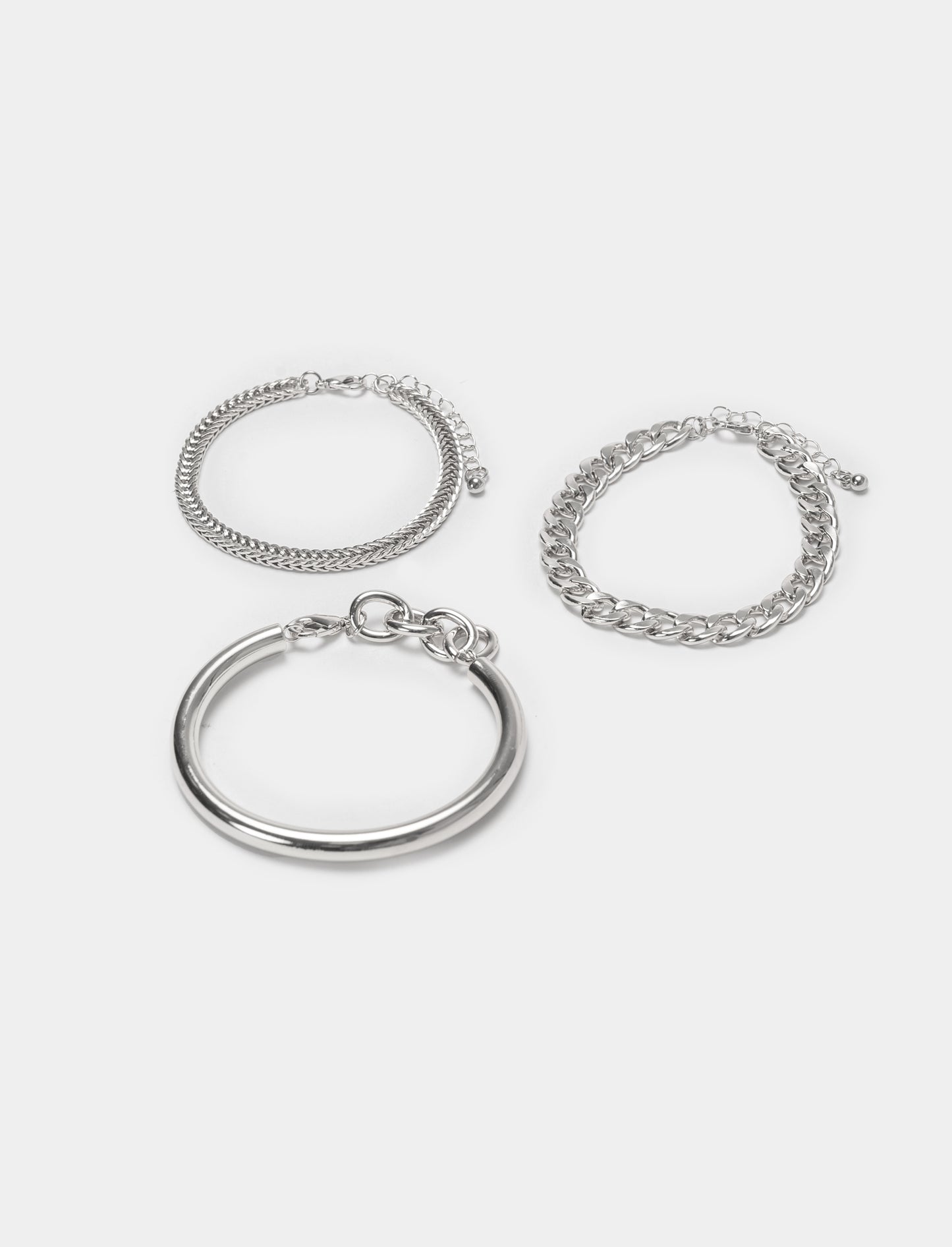 Set of 3 Women's Bracelets: Bangle and Chains - Silver