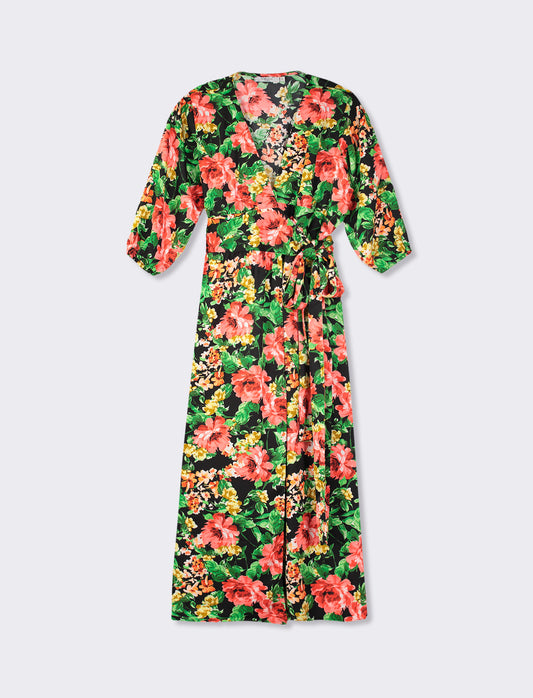 Kimono Sleeve Buttoned Dress - Floral and Plain Mix - 