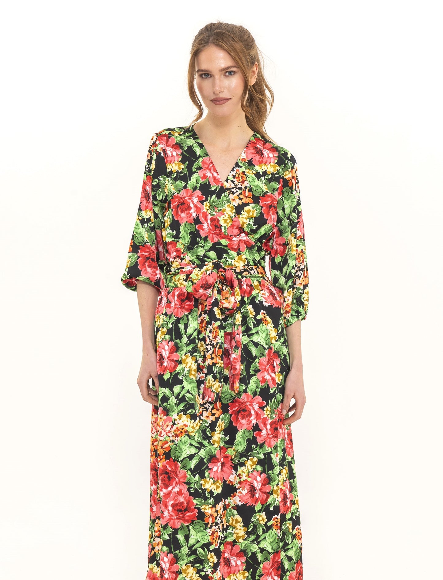 Kimono Sleeve Buttoned Dress - Floral and Plain Mix - 