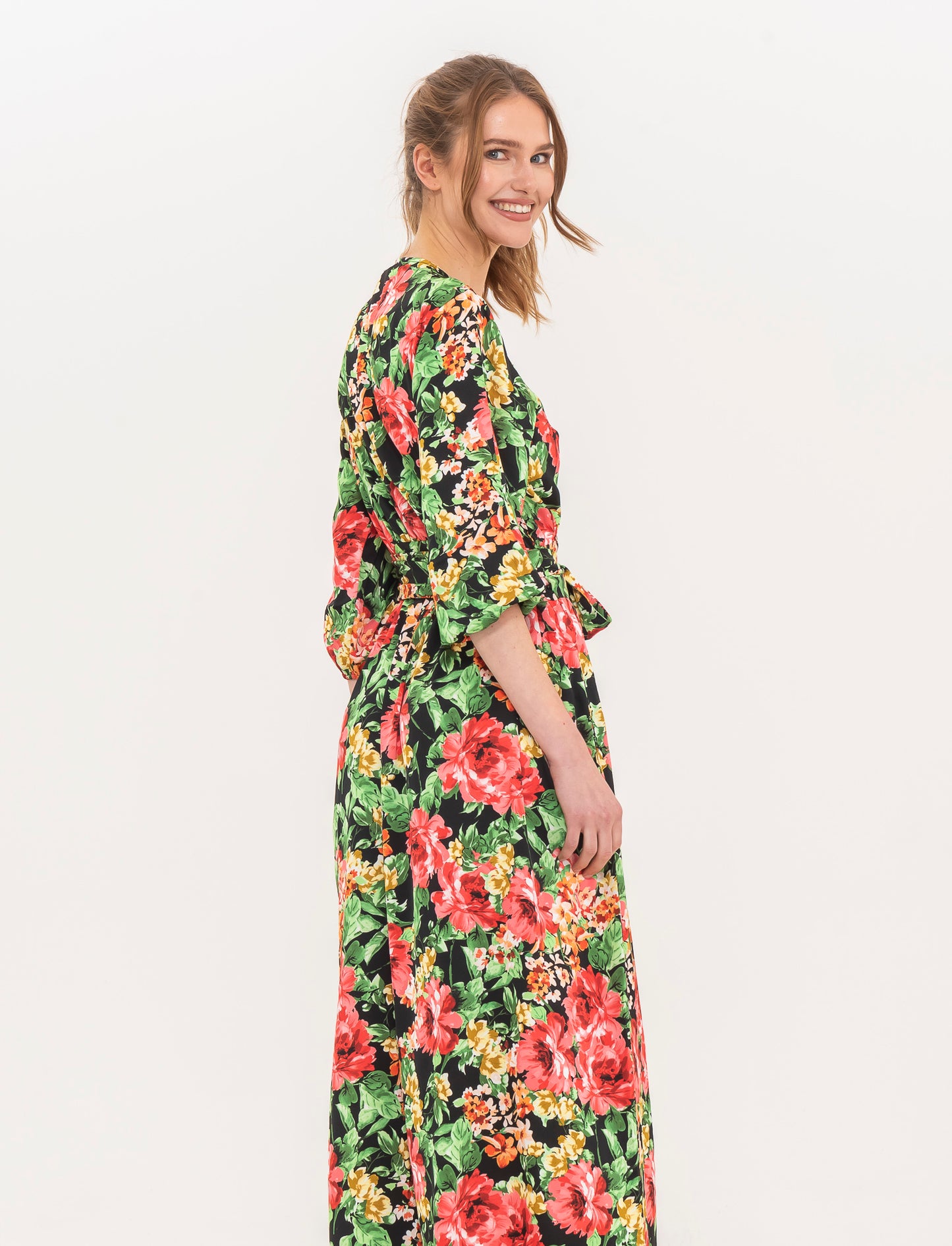 Kimono Sleeve Buttoned Dress - Floral and Plain Mix - 