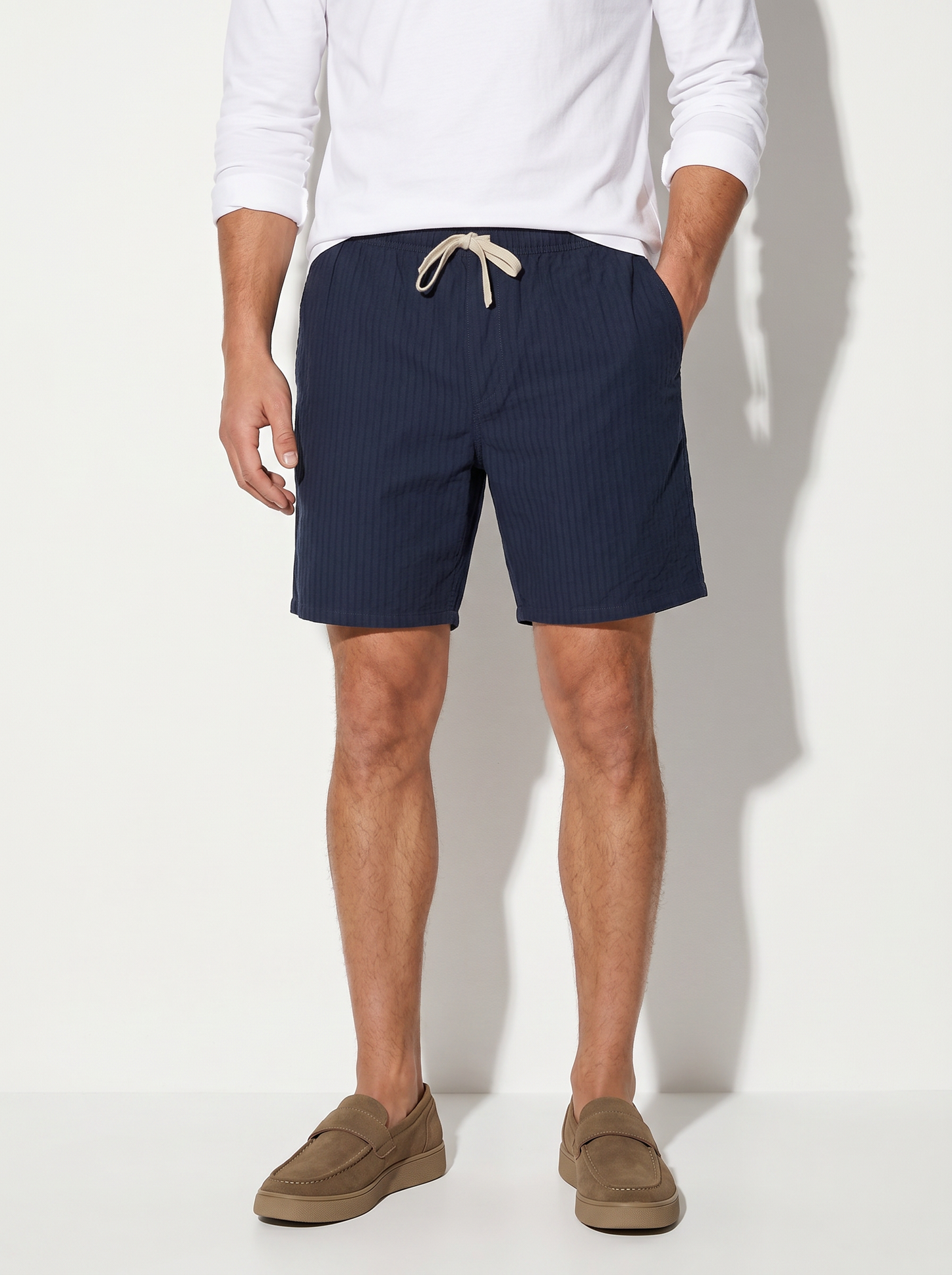 Bermuda Jogger in Cotone Effetto Rigato - Blu