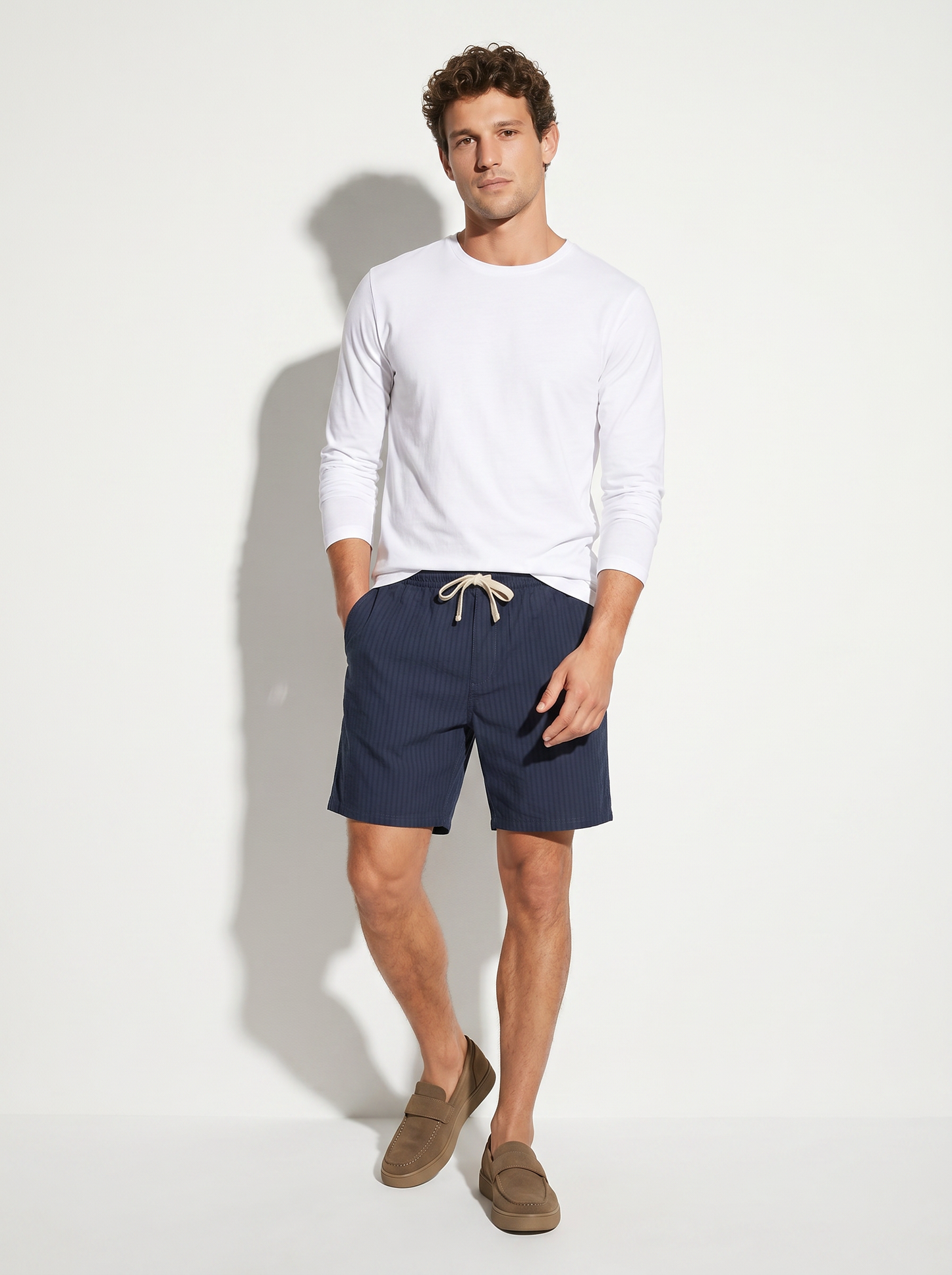 Bermuda Jogger in Cotone Effetto Rigato - Blu