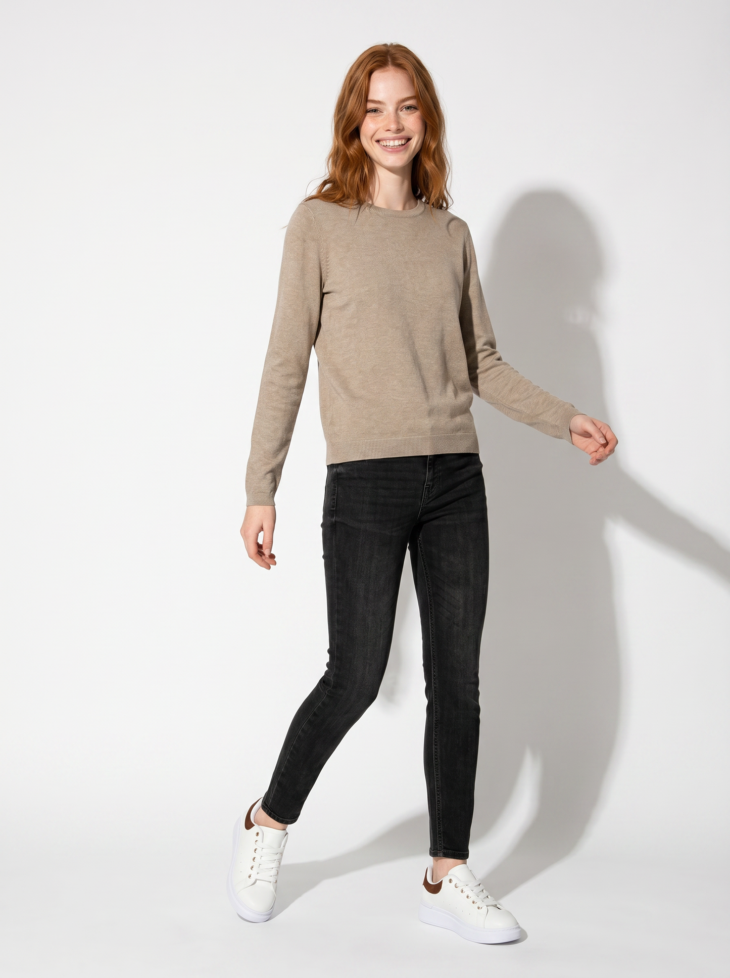 Maglia manica lunga scollo paricollo - Beige grano