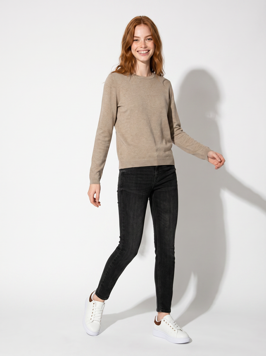 Maglia manica lunga scollo paricollo - Beige grano