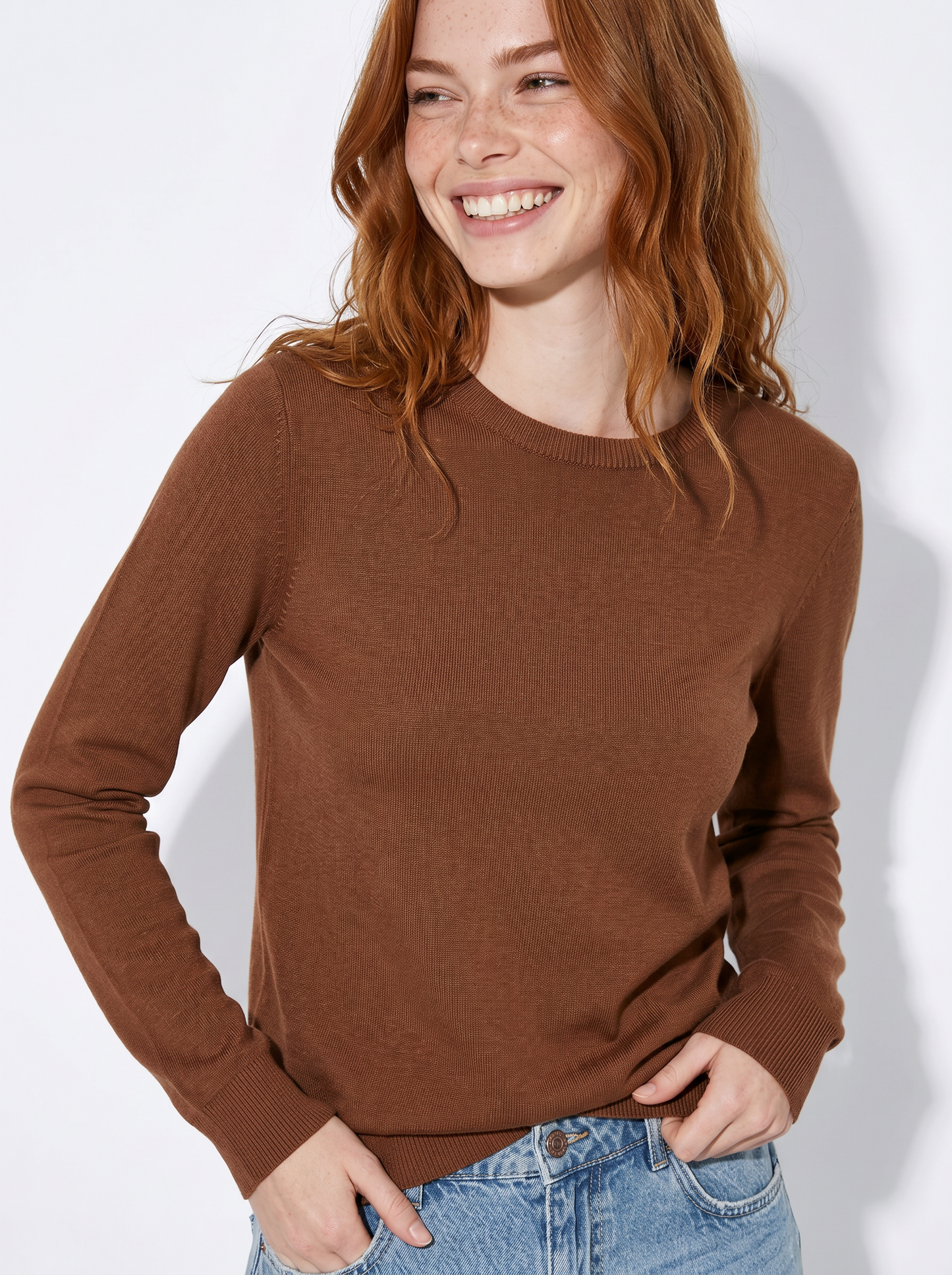 Maglia manica lunga scollo paricollo - Marrone tabacco