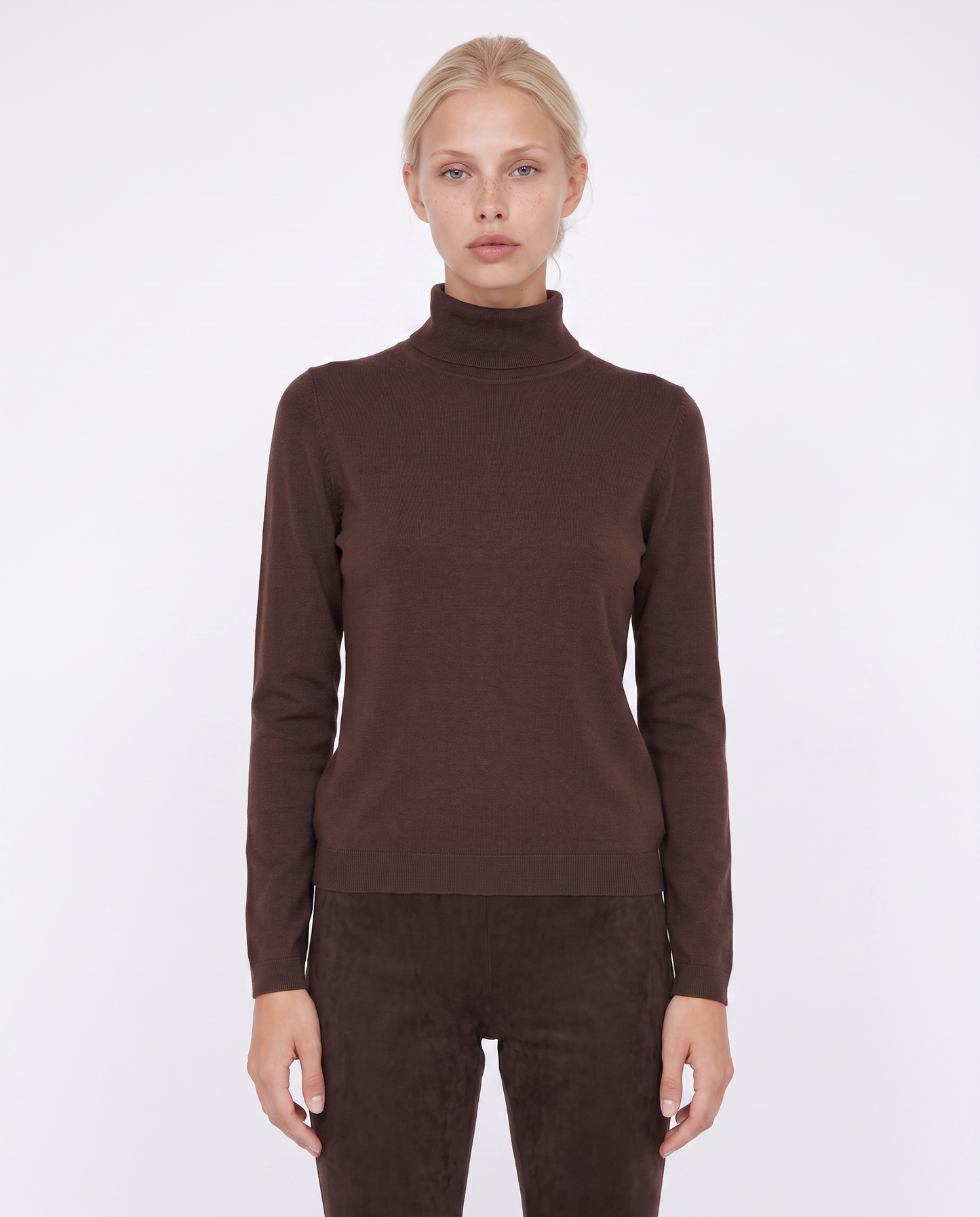 Basic Slim Fit High Neck Pullover - Brown